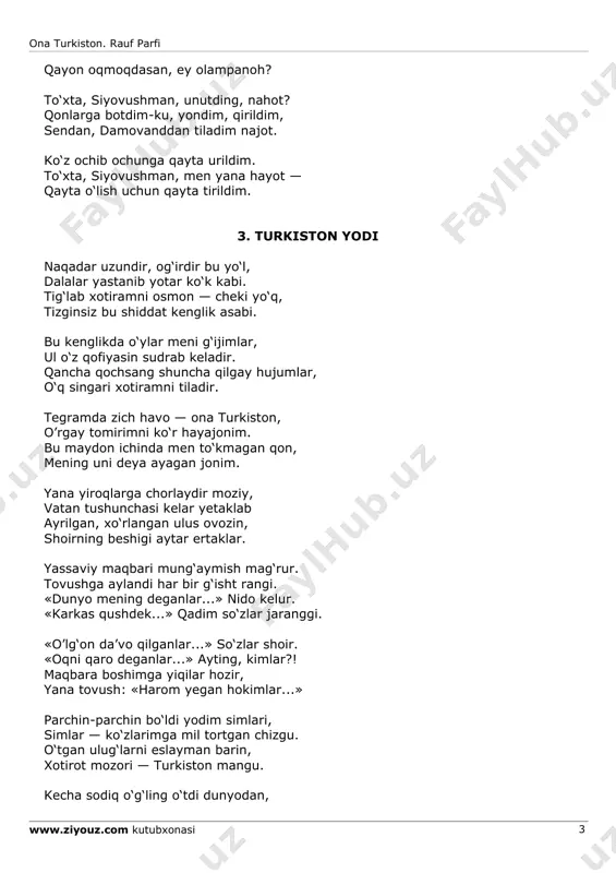 «o’lg‘on da’vo qilganlar...» so‘zlar shoir. «oqni qaro deganlar...» ayting, kimlar?! maqbara boshimga yiqilar hozir, yana tovush: «harom yegan hokimlar...» parchin-parchin bo‘ldi yodim simlari, simlar — ko‘zlarimga mil tortgan chizgu. o‘tgan ulug‘larni eslayman barin, xotirot mozori — turkiston mangu. kecha sodiq o‘g‘ling o‘tdi dunyodan, ona turkiston. rauf parfi www.ziyouz.com kutubxonasi 4 saxiy inson edi, u shoir edi. sanchilib yashaydi bir umr yodda, ketayotib, men yig‘lab, bo‘ldim, dedi. yig‘la endi ko‘zim, sen-da yig‘lab ol, to‘ysin ko‘z yoshingga bu turkiy stam. to‘ysin, vatan yodi chidar bemalol. o, sabr daraxti, qutlug‘ turkiston. naqadar uzundir, og‘irdir bu yo‘l. 4. xayr, dada, biz endi ko‘risha olmaymiz yorug‘ dunyoda. bilamanki, siz tuproqda, bilamanki siz, qalbimning bag‘rida ochilgan yaproqda. bilamanki, mumkin emas sizni bir bor ko‘rmoq baxtini tuta bilmay ko‘krakda, yer o‘pmoq. armonim qoldi xolos. turkistonimga — armonimga sig‘inaman. sizni sog‘inaman. bilamanki, mumkin emas. 5. tavfiq fikrat kitobiga o’zuv nechun yo‘lning so‘ngida jarlik... t.fikrat men uxlayman, men uxlayman, …
