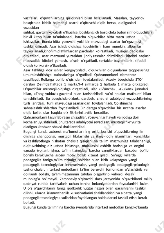 hga o'rgatish vazifasini amalga oshirishga xizmat qiladi. sinfdan tashqari o'qish darslarining asosiy vazifasi o'quvchida badiiy kitoblarni o'qishga havas uyg'otish, o'qigan kitoblari yuzasidan kundalik yurita olishga o'rgatish, asarning kichik hajmda bo'lishiga va boshqa kitob tanlash tamoyillariga e'tibor beradi. asarni o'qituvchining o'zi o'qib beradi. o'quvchilar asarni eshitishga, eshit-ganlarini idrok etishga, ularga soddagina baho berishga, asar mazmuni bilan sarlavhasining mosligini aniqlashga, asar mazmunini hikoya qilib berishga o'rgatiladi. bu bosqichda o'quvchilar o'qish gigiyenasi va kitobga qanday munosabatda bo'lish bilan tanishadilar. 2. boshlang'ich bosqich. bu 1-sinfning 2-yarim yiiligiga to'g'ri keladi. bu bosqichda haftada 1 marta 45 daqiqalik dars uyushtiriladi. asarni o'qishdan oldin o'quvchilar asar nomi va uning muallifi bilan tanishadilar, rasmlarini tomosha qiladilar, daftarlariga u haqda soddagina qilib asar muallifini va nomini yozadilar. asar elementar tarzda tahlil qilinadi. tanlangan asar (kitob) yaxshi o'qiydigan o'quvchiga maxsus tayyorgarlikdan so'ng o'qitiladi. asarning oson o'qiladigan o'rinlarini bo'sh o'qiydigan o'quvchilarga o'qitish ham mumkin. bu tilarda o'qishga qiziqish uyg'otadi. bu bosqichda …