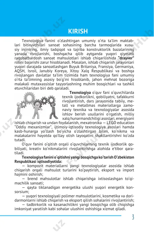 iz uztozlar! 5-sinf “texnologiya” darsligi bo‘yicha o‘quv-metodik qo‘llanma metodik yordam sifatida yaratildi. xususan, umumiy o‘rta ta’lim maktablari uchun “texnologiya” fani konsepsiyasi ishlab chiqildi. bu konsepsiya asosida “texnologiya” fanini o‘qitishning maqsadi va asosiy vazifalari belgilandi: bunda — “texnologiya” fanini o‘qitishning zamonaviy shakl, usul va texnologiyalarini qo‘llash; — ta’lim jarayonida tayanch va fanga oid kompetensiyalarni doimiy nazorat qilib turish, o‘quvchilar qobiliyatiga qarab kasb tanlashga yo‘llash ishlarini olib borish; — o‘quvchilar an’anaviy va masofadan turib yangi bilimlarni egallashi, doimiy ravishda o‘z ustida ishlashi uchun tizim yaratish va uni yo‘lga qo‘yish; — baholashning yangi tizimi joriy etilib, o‘quvchilarning bilimi va amaliy ko‘nikmalarini samarali formatlarda baholash kabilar muhim ahamiyat kasb etadi. “texnologiya” fanining yangi avlod majmuasini yaratilishidan maqsad ta’lim-tarbiya jarayonini samarali tashkil etish hamda o‘qituv­ chilarga metodik yordam ko‘rsatishga mo‘ljallangan. mazkur o‘quv- metodik qo‘llanma o‘z ichiga ta’lim berishning quyidagi usullarini qamrab oladi: “texnologiya” fanini o‘qitish an’anaviy usul va masofaviy ta’limga mo‘ljallangan kompleks dastur asosida amalga …
