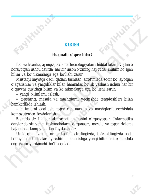 kerakli talablarga rioya et maslik inson salo matligiga katta zarar yetkazishi mumkin. ay niqsa, ko‘z, qon aylanish tizimi, bosh miya faoliyati, umurtqa pog‘onasi zaifl ashuvi va turli kasalliklarning kelib chiqishiga sababchi bo‘ladi. bularning oldini olish hamda kom pyuterda ishlash davomida salomat- ligingizga zarar yetmasligi uchun quyidagi talablarga rioya qili shingiz va ularni esdan chiqarmasligingiz kerak: 1) kompyuter stolidan 20 sm uzoqlikda o‘tiring; 2) ko‘zingiz kompyuter ekranidan 50–60 sm uzoqlikda bo‘lsin, har 20–30 daqiqadan so‘ng ko‘zga dam berib turish va kompyuterda ishlash kuniga 180 daqiqadan oshmasligi zarur; 3) yelka va qo‘l tirsagi orasidagi burchak 90–120° ni tashkil qilsin; taqiqlanadi ! htt p:/ /ed up ort al. uz htt p:/ /ed up ort al. uz 6 4) kompyuter oldida o‘tirganingizda gavdangizni tik tuting; 5) oyoq kaftingiz polga to‘laligicha tegib tursin; 6) qo‘l kaftingizni va barmoqlaringizni erkin tuting; 7) qo‘lingizni tanangizga yaqin masofada ushlang; 8) tizza osti burchagi 90° ni tashkil qilsin. kompyuter …