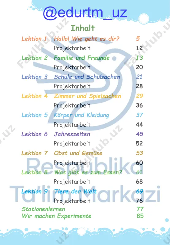 wie alt bist du? ich bin 7. und du? 3. sagt, wie alt sind die kinder? @edurtm_uz 1 10 stunde 5. wie geht es dir? 1. schaut euch das bild an und sprecht in der muttersprache. 2. schaut euch die bilder an und sagt. 3. spielt mit. kettenspiel. wie geht es dir? sehr gut. und dir? 4. singt mit. das lied “guten tag! guten tag!” oh, je. wie geht es dir? schlecht. @edurtm_uz 1 11 stunde 6. kommt, wir singen. 1. hört zu und zeigt die bilder. 2. hört das lied und ordnet die bilder zu. a b c d e f 3. spielt mit. bilder suchen. 4. singt mit. das lied “guten morgen!” 1 f a b c d e @edurtm_uz stunde 7. projektarbeit 1. welche zahlen fehlen hier? 5 4 3 2 6 2. bastelt die smileys und legt ins portfolio. 1 0 12 1 @edurtm_uz lektion 2 …