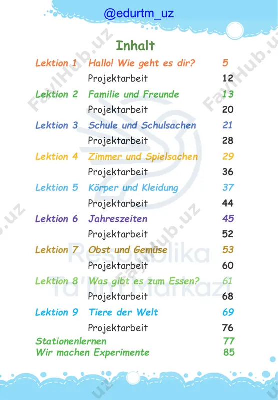 tersprache. 4. spielt mit. kettenspiel. wie alt bist du? ich bin 7. und du? 3. sagt, wie alt sind die kinder? @edurtm_uz 1 10 stunde 5. wie geht es dir? 1. schaut euch das bild an und sprecht in der muttersprache. 2. schaut euch die bilder an und sagt. 3. spielt mit. kettenspiel. wie geht es dir? sehr gut. und dir? 4. singt mit. das lied “guten tag! guten tag!” oh, je. wie geht es dir? schlecht. @edurtm_uz 1 11 stunde 6. kommt, wir singen 1. hört zu und zeigt die bilder. 2. hört das lied und ordnet die bilder zu. a b c d e f 3. spielt mit. bilder suchen. 4. singt mit. das lied “guten morgen!” 1 f a b c d e @edurtm_uz stunde 7. projektarbeit 1. welche zahlen fehlen hier? 5 4 3 2 6 2. bastelt die smileys und legt ins portfolio. 1 0 …