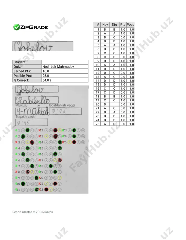 iz: nodirbek mahmudov earned pts: 20.0 posible pts: 25.0 % correct: 80.0% report created at 2025/03/24 # key stu pts poss 1 b b 1.0 1.0 2 a a 1.0 1.0 3 b b 1.0 1.0 4 b b 1.0 1.0 5 a a 1.0 1.0 6 b b 1.0 1.0 7 c c 1.0 1.0 8 c c 1.0 1.0 9 d c 0.0 1.0 10 a a 1.0 1.0 11 d d 1.0 1.0 12 d d 1.0 1.0 13 a c 0.0 1.0 14 d d 1.0 1.0 15 d d 1.0 1.0 16 c c 1.0 1.0 17 c d 0.0 1.0 18 b b 1.0 1.0 19 c c 1.0 1.0 20 d ad 0.0 1.0 21 a a 1.0 1.0 22 b b 1.0 1.0 23 b b 1.0 1.0 24 b b 1.0 1.0 25 a b 0.0 1.0 student: quiz: nodirbek mahmudov …