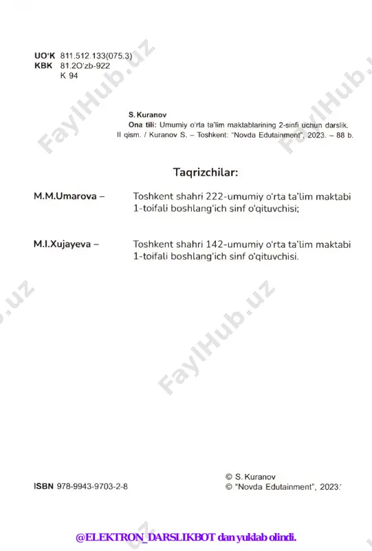 o'lmasa, nima bo‘ladi? yangi ruchka va qalamingizni partadoshingiz tortib oladi. chunki endi bu narsalar sizniki ekanini bildiradigan qonun yo‘q. siz ham bo‘sh kelmay urishasiz, @elektron_darslikbot dan yuklab olindi. b olalarning jajji huquqlari 8 -m a vzu talashasiz - janjal boshlanadi. tasavvur qiling, o‘quv qurollari o'rnida avtomobil, uy yoki ko‘p pul bo‘lsa-chi? unda odamlar bir-biri bilan kelisholmay qoladi. dunyo alg‘ov-dalg‘ov bolib ketadi. demak, qonun, eng avvalo, tinchlik uchun kerak ekan. abduqahhor rahimov, huquqshunos 1. 0 ‘quv qurollaridan tashqari sizda yana qanday mulklar bor? 2. qonunda qayd etilgan yana qanday tartib-qoidalarni bilasiz? 3. siz har doim qonunlarga amal qilasizmi? 2-mashq. so‘zlarni bo‘g‘inlarga ajratib yozing. har bir so'zning ma’nosini tushuntiring. jinoyat jan ja l huquq jazo yolg*on qonun o‘g*rilil / -------------- > guruhlar qaysi rasmlarni guruhning almashadilar = t > matni va rasm qiziqarliroq asosida bo‘lsa, shu matn guruh g‘olib yozadilar. hisoblanadi. rasmga qarab, bo‘g‘inga ko'chirilmaydigan so‘zlarni ko'proq topib, ustun shaklida yozing va …
