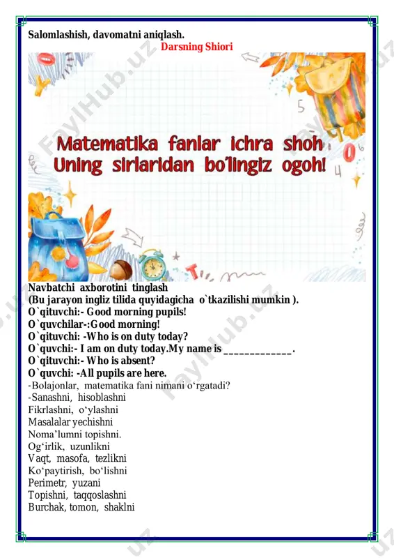 ko‘p? necha marta kam? sharti: quyonlar - 3 ta to’tiqushlar - 12 ta to’tiqushlar necha marta ko’p ? quyonlar necha marta kam? yechish: 12:3=4(marta) javob: to’tiqushlar -4 marta ko’p, quyonlar 4 marta kam. 4. a) 56 soni 7 dan necha marta katta? b) 6 soni 42 dan necha marta kichik? 56 : 7=8 marta katta 42 : 6=7 marta kichik 5. sxema bo‘yicha masala tuzing. mushuk ozuqasi - 4 qadoq kuchuk ozuqasi - 24 qadoq kuchuk ozuqasi necha marta ko’p? mushuk ozuqasi necha marta kam? 24:4=6 marta kuchuk ozuqasi 6 marta ko’p, mushuk ozuqasi 6 marta kam 6. chizing va yeching. a) hovlidagi 6 ta o'rindiqdan 2 tasi singan. butun o'rindiqlar siniq o'rindiqlardan necha marta ko‘p? 4:2=2 2 marta ko’p b) bu hovlida yashovchi bolalar bitta o'rindiqni ta’mirlashdi. siniq o'rindiqlar butun o'rindiqlardan necha marta kam bo'lib qoldi? 5:1=5 marta kam iv. yangi mavzuni mustahkamlash. mavzu yuzasidan bilimlarni mustahkamlash dars davomidagi …