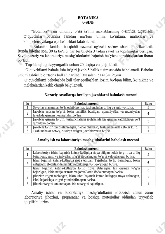 lan tarqaladi? 2. ra’nodoshlar oilasiga xos bo‘lgan xususiyatlarni ayting? 3. maktab hovlisida o‘suvchi gulli o‘simliklardan foydalangan holda o‘simlik organlari va ularning vazifalarini aytib bering? 4-bilet 1. urug‘lanish nima ? 2. novdada barglar qanday joylashadi? 3. rasmda ko‘rsatilgan jarayonni izohlab bering. 5-bilet 1. hujayra va uning asosiy qismlari haqida ma’lumot bering ? 2. karamdoshlar oilasiga xos bo‘lgan xususiyatlarni ayting? 3. ulotriksning jinsiy va jinsiz ko‘payish sxemasini izohlang. 6-bilet 1. o‘simliklarning turiga va o‘sish sharoitiga qarab poyalarning xilma-xilligini misollar yordamida tushuntiring. 2. qovoqdoshlar oilasiga mansub o‘simliklarning xalq xo‘jaligidagi ahamiyati. 3. olcha va gilos mevasini chumchuq ham, qarg‘a ham iste’mol qiladi. chumchuq mevani cho‘qib yeydi. qarg‘a esa yutub yuboradi. sizningcha bu qushlarning qaysi biri o‘simlik uchun foyda keltiradi. fikringizni izohlab bering? 7-bilet 1. madaniy o‘simliklarning qanday vegetativ ko‘payish turlari ma’lum? 2. mexanik to‘qimaning tuzilishi va vazifasi haqida ma’lumot bering? 3. gulning tuzilish qismlari va vazifalarini aniqlang. 8-bilet 1. bargning tuzilishi va vazifasi haqida …