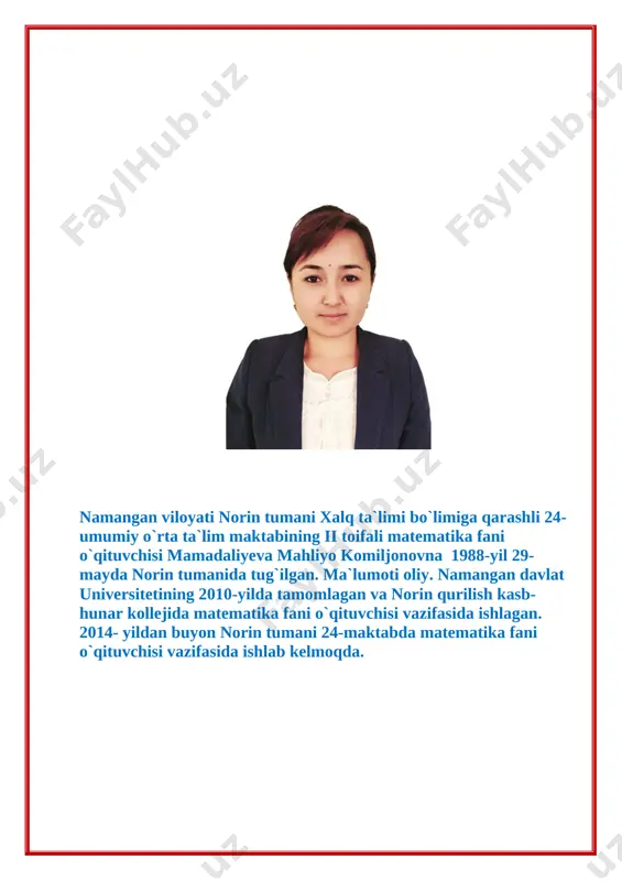 rning farqini ayting ? 4. 48 sonining bo` luvchilarini ayting ? 5. 72 sonini natural bo` luvchilari sonini ayting ? 6. 5 ga bo` linish qoidasini toping? 7. kasrlarni asosiy xossasini ayting ? 8. tub va murakkab sonlarni farqini ayting ? 9. natural son deb nimaga aytiladi ? 10. tenglama deb nimaga aytiladi ) o`tilgan mavzun mustahkamlash jarayonida “zinama-zina” metodidan foydalangan holda guruhlar quyidagi savollarga javob beradilar ( kasrlarni qisqartirish ) ( ekub( 72;48)= ) ( ekub( 36;84)= ) ( ekub( 54;45)= ) ( 48 sonini bo` luvchilarini ayting ) ( 54 sonini bo` luvchilarini ayting ) ( 36 sonini bo` luvchilarini ayting ) ( tub sonlarga 5 ta misol ayting ) ( murakkab sonlarga 5 ta misol ayting ) ( o`zaro tub son deb nimaga aytiladi ) ( 5 ga bo` linish belgisi ) ( 3 ga bo` linish belgisi ) ( 2 ga bo` linish belgisi ) 3.yangi …