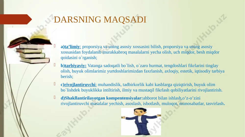 1-masala: teplavoz 816 metr masofani bosib o`tdi.agar uning g`ildiragi 200 marta aylangan bo`lsa g`ildirak diametrini toping. tekshiring c=816:200=4,08 d=4,08:3,14≈1,3m javob s=4,08 d≈1,3m 2-masala. sirk arenasining aylana uzunligi 40,8 metr. arenaning diametrini va yuzini toping. javobini tekshiring yechish: c = 2πr s = πr2=6,52 π=42,25π c=40,8 d=c:3,14 d=40,8:3,14≈13m javob: d≈13m s =42,25π uyga vazifa uy vazifani pochta qutisidan darsda eng ilg’or qatnashgan o’quvchilardan 3 tasi aniqlab berishadi. e’tiboringiz uchun tashakkur foydalanuvchilar taqdimot egasi sh. usmanovaga duo qilishni unutmang ! og’iringizni yengil qilganimdan bag’oyatda hursandman!!! image5.png image6.png image14.wmf image15.jpg image16.jpg image17.jpg image18.jpg image19.jpeg image20.jpg image21.jpg image22.jpg image31.wmf 8 1 image32.wmf 2 1 image33.wmf 8000 1 image23.wmf 20 109 image24.wmf 3 1 image25.wmf 11 4 image26.wmf 9 7 image27.wmf 3 2 image28.wmf 6 5 image29.wmf 209 136 1 image30.wmf 4 3 1 image34.png image35.png image36.png image37.jpg image38.png image39.png image40.jpg image41.gif image42.gif image43.png image44.png image13.png image3.png image4.png image7.jpg image9.png image10.png image12.png
