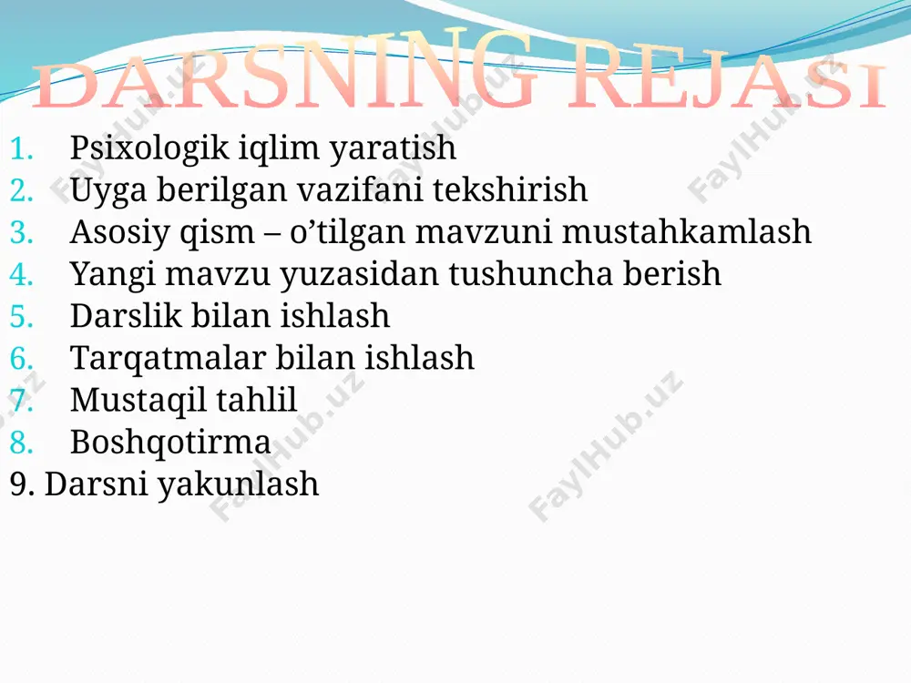 tma bilan ishlash 1. radiusi 5 sm bo’lgan aylana uzunligini toping. 2. radyusi 9 dm bo’lgan doira yuzini hisoblang. 3. aylana deb nimaga aytiladi. 4. aylana radiusi deb nimaga aytiladi. 5. aylana va doiraning farqi nimada. 6. aylana formulasini yozing. 7. doira yuzini hisoblash formasini toping. 8. aylanaga hayotdan misollar keltiring. mustaqil tahlil 1 – guruh. - diyametri 50 sm, 100 sm bo’lgan aylana uzunligini toping. - radiusini 6 dm, 10 dm, bo’lgan doira doirasini toping. 2 – guruh. - diyametri 20 mm 30 sm bo’lgan aylana uzunligini toping. - radiusini 8 dm, 20 dm bo’lgan doira yuzini toping. boshqotirma savollari: 5 2 1. cholog’u asbobi nomi. 2. sirk arinasining chegarasi. 1 3. markazdan aylananing ixtiyoriy nuqtasigacha bo’lgan masofa. 4. eng katta vatar nima deb nomlanadi ? 3 3,14 degani nimani tushunasiz? 4 boshqotirma bajarish doira aylana radius diyametr pi deb o’qiladi boshqotirma javoblari darsni yakunlash: mavzu yuzasidan umumiy xulosa. …