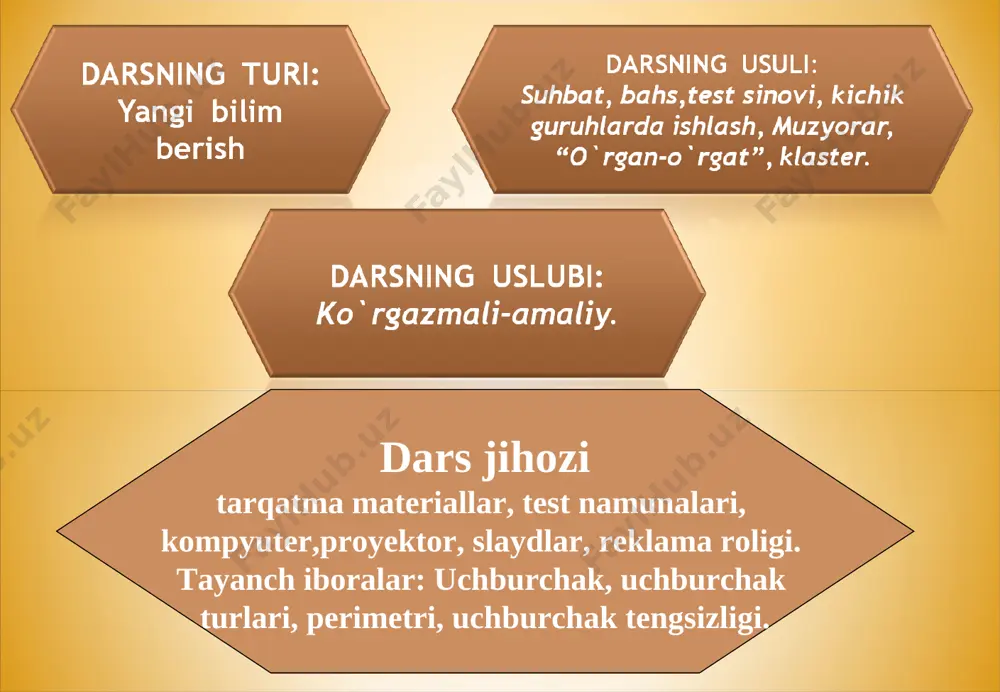chala tomoni uzunliklari yig’indisi uning perimetri deyiladi. p=ab+bc+ac muammo: unutmang! uchnburchakning ixtiyoriy bir tomoni qolgan ikki tomonidan doimo kichik, ammo ayirmasidan doimo katta bo’ladi. ixtiyoriy abc uchburchak uchun quyidagi tengsizliklar o’rinli: ab-bc<ac<ab+bc ab-ac<bc<ab+ac ac-bc<ab<ac+bc endi guruhlarga muammoli savollar beriladi. 1- guruh: ikkita burchagi o’tmas bo’lgan uchburchak mavjudmi? izohlang. 2- guruh: ikkita burchagi to’g’ri bo’lgan uchburchak mavjudmi? izohlang. 3- guruh: bir burchagi to’g’ri, biri esa o’tmas bo’lgan uchburchak mavjudmi? izihlang. qiziqarli masala. uchburchak tomonlaridagi doirachalarga 1,2,3,4,5,6,7,8,9 raqamlarini shunday joylashtiringki, har bir tomonidagi raqamlar yig’indisi birinchi guruhda 17 ga, ikkinchi guruhda 23 ga, uchinchi guruhda 20 ga teng bo’lsin. chizma moziydan xabar. ajdodlar avlodlarga maktub yo`llabdi. maktubda ko`rsatilgan mashqlar. (kitob asosida). o’rgan-o’rgat tadbiri asosida guruhlarga masalalar beriladi. i-tur. uchburchakning bir tomoni 3,6 sm, ikkinchi tomoni 6,8 sm, uchinchi tomoni esa ikkinchisidan 2,3 sm ga qisqa. uchburchakning perimetrini toping. teng yonli uchburchakning perimetri 20,2 sm, asosi 7,4 sm bo’lsa uning yon tomonlari uzunligini …