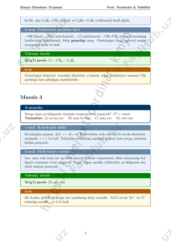 x aminokislotani hbr bilan reaksiyasidan hosil bo‘lgan organik moddaning molar massasini (gmol−1) toping. variantlar: a) 180 b) 156 c) 155 d) 175 1-usul: stexiometrik hisoblash tetrapeptid hosil bo‘lishida 3 ta h2o molekulasi chiqadi: 4r−ch(nh2)−cooh −−→ peptid + 3h2o massa yo‘qotilishi: 3× 18 4mx = 0.18 ⇒ mx = 54 0.72 = 75 gmol−1. mx = 75 ga mos aminokislota: nh2−ch2−cooh (glitsin). 4 ht tp s: // t.m e/ ex tr oo rd in ar _k im yo kimyo masalalar to’plami prof. yechimlar & tahlillar hbr bilan reaksiya: nh2ch2cooh+hbr −−→ [nh3ch2cooh]br. tuzning molyar massasi: m = 75 + 81− 1 = 155 gmol−1. 2-usul: tezkor formuladan foydalanish aminokislota tuzida nh2 guruhi nh3 + ga, br− ion qo‘shiladi. mtuz = mak + 80. 75 + 80 = 155. yakuniy javob to’g’ri javob: c) 155 izoh polimerlanishda har bir peptid bog‘i hosil bo‘lishida 1 h2o chiqadi. n-mer uchun (n− 1) ta suv ajraladi. …