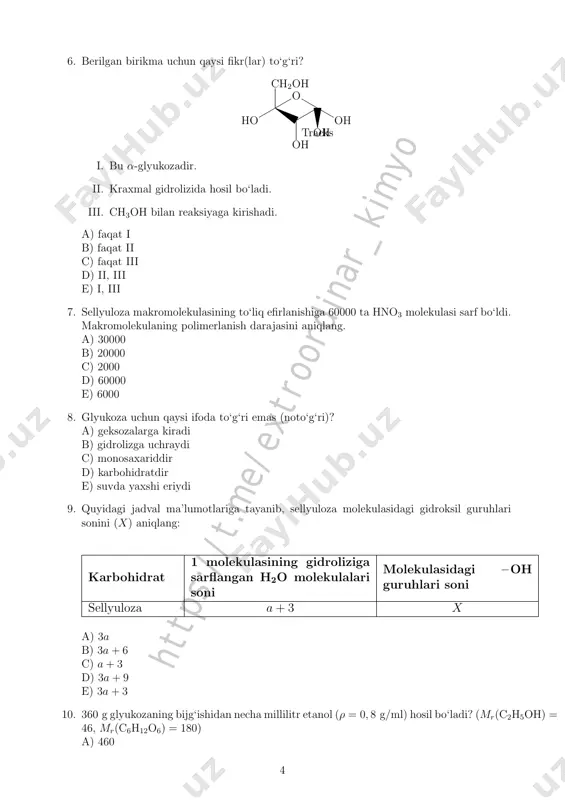 olekulasida 12 ta vodorod atomi mavjud. 3. gidroliz reaksiyasiga kirishmaydi. 4. monosaxaridlar sinfiga mansub. i ii iii a) 1, 4 3 2 b) 2 1, 4 3 c) 2, 4 1 3 d) 1 3, 4 2 e) 1 2 2, 4 18. 8 mol saxaroza to‘liq gidrolizga uchraganda hosil bo‘luvchi x moddasini va uning miq- dorini (n) aniqlang: saxaroza miqdori to‘liq gidroliz mahsuloti 8 mol x,n mol a) n = 8; x = α-glyukoza b) n = 4; x = β-glyukoza c) n = 4; x = β-fruktoza d) n = 8; x = β-glyukoza e) n = 4; x = α-fruktoza 19. quyida ochiq zanjirli strukturasi berilgan modda uchun qaysi fikrlar noto‘g‘ri? ho−ch2−ch(oh)−ch(oh)−ch(oh)−ch2−cho i. dezoksiriboza molekulasining ochiq zanjirli tuzilishidir. 8 ht tp s: // t.m e/ ex tr oo rd in ar _k im yo ii. ag2o ning ammiakdagi eritmasi bilan oksidlanmaydi. iii. tarkibida 3 ta asimmetrik uglerod …