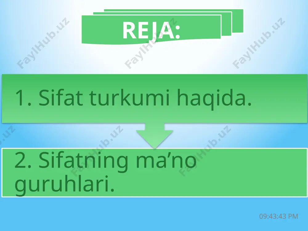 iga oro berib bezanmoq taraddudiga tushdi. zerikarli qishni bahor nafasi haydadi, musaffo bahor yana o’z hukmiga kirdi. uyquga kirgan daraxtlar yana yashil to’n kiydi, oq, sariq, ko’k, qizil rangli harir yopinchiqlar bilan bezandi. bo’z yer yuziga yashil parda tortdi, go’yo xitoy karvoni ipak matolarini har tomonga yoydi. dala-tuz, tog’, o’nqir, past-baland qirlar ko’k va alvon rangga ko’milib burkandi. turli-tuman chechaklar qiyg’os ochildi, olam ichi ifor va kofur isi bilan to’ldi. dimog’larni chog’ qiluvchi sabo yeli ko’tarildi, butun olamga mushk-anbar hidi taraldi. 20:40:04 ko’k qiziq qisiq qochoq nodon qoq qiyiq qoloq kichik quruq 20:40:05 28 18.12.2014 p a l i n d r o m “tansiq” va “tanqis” sifatlarini shakl va ma’no munosabatiga ko’ra izohlang. +10 o’ng chap omadli tanlov 20:40:05 gapdagi sifatlar miqdorini aniqlang. navoiy nafaqat shoir, balki yuksak insoniylik xususiyatlariga ega bo’lgan davlat arbobi; saxiy, muhtojlar yordamiga shoshadigan, shu bilan birga g’oyat kamtar shaxs edi. +10 o’ng chap omadli …