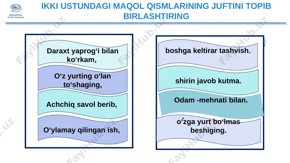 lasan. (udmurd maqoli) d) qaysi barmog’ingni tishlama, hammasi og‘riydi. (qozoq maqoli) a) odamlar o‘zlarining aqli va o‘zgalarning boyligini hamisha oshirib gapiradilar. (hind maqoli) c) dushman qancha aqlli bo‘lsa, shu qadar xavfli. (tojik maqoli) b) baxtni izlamaydilar, uni mehnatda topadilar. (udmurd maqoli) d) to‘rga ilingan hamma narsa ham baliq emas. (portugal maqoli) quyidagi maqollardan qaysi biri mantiqan matndagi voqeaga mos keladi? e’tiboringiz uchun rahmat image11.png image12.png image13.png image14.jpeg image15.jpeg image16.png image17.jpeg image18.png image19.jpeg image20.png
