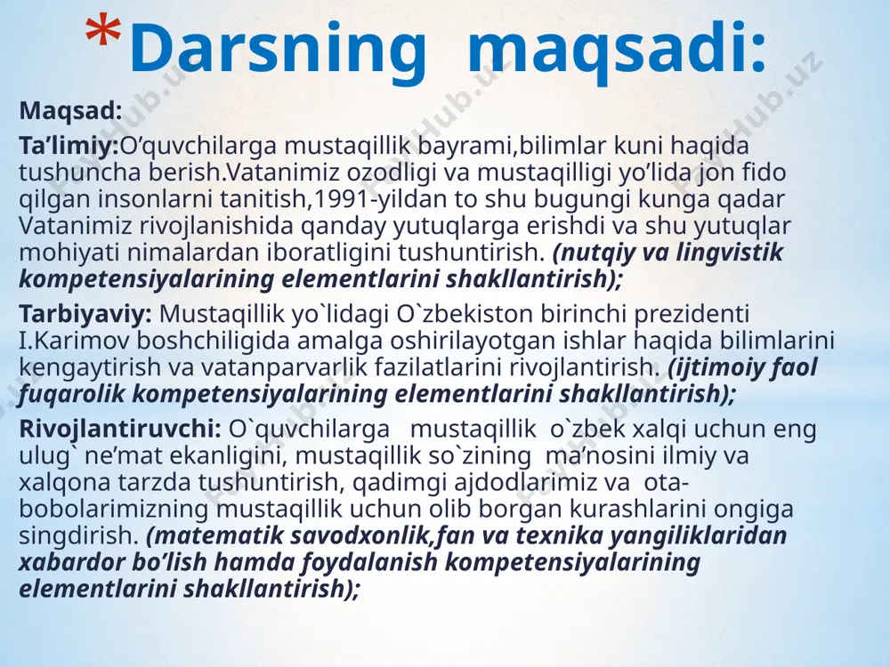 iyamizning birinchi so’zi 9. mikroavtobuslar ishlab chiqariladigan shahar eniga: 1. davlatni kim boshqaradi? 2. tug’ilib o’sgan joy 3. avlod-ajdodlarimiz ko’p yillar osha kutgan erkinlik,hurlik 4. o’zbek xalqi qanday xalq 5. mamnunlik hissi,mamnuniyat,g’urur 6. har jihatdan to’la-to’kis,hamma narsasi mo’l-ko’l 7. yerosti temir yo’li “t chizmasi” metodi kim edik kim bo’ldik uyga vazifa: mustaqillik haqida she’rlar yodlash. istagan mavzuingizda ochiq dars taqdimotlar tayyorlab beramiz murojaat uchun telefon 97-845-09-09 telegram @secret_0909 guruhimiz : @fidoiy_ustozlar image2.jpeg image3.png image4.png image5.png image6.png image7.wmf image8.jpeg image9.gif image10.png image11.png audio1.wav image12.png image13.gif image14.gif image15.jpeg image16.jpeg image17.emf zanyatie 24 image18.jpeg image19.emf zanyatie 24 “nuqtalar o’rnini to’ldir” mashqi. • 1.bizning _________imiz o’zbekistondir. • 2.___-yil __-avgust kuni ona _____imiz ozod,______respublika deb e’lon qilindi. • 3._________ davlati o’z ____siga,____iga, davlat _____iga,milliy ____isiga ega bo’ldi. • 4.______ tufayli vatanimizni ____ tan oldi, u o’z ____ va ____ -_____ ega bo’ldi. oleobject1.bin “nuqtalar o’rnini to’ldir” mashqi. 1.bizning _________imiz o’zbekistondir. 2.___-yil __-avgust kuni ona _____imiz …