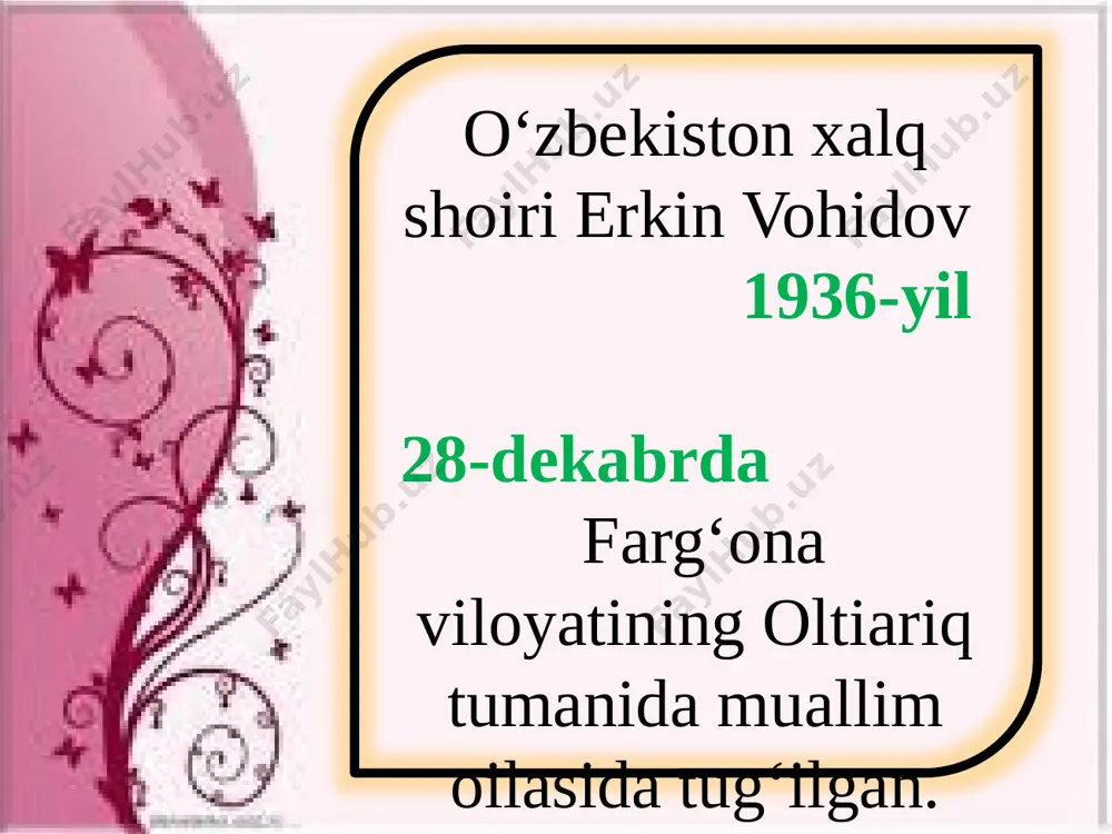ng 4 jildlik saylanma asarlarini sanang? e. vohidovning xalqlar, millatlar, dinlar o’rtasidagi nizolar bashariyatga naqadar katta falokatlar olib kelishi teran tasvirlangan dostoni? o`ylab ko`ring! «nido» dostonida qaysi urush tasvirlangan va bu urush insoniyat boshiga qanday falokatlar olib kelgan? urush jangda halok bo‘lgan qurbonlardan tashqari yana qanday kulfatlar olib kelgan? doston orqali shoir aytmoqchi bo‘lgan eng asosiy muddao nima? bugungi kunda tinchlikka tahdid solib turgan qanday yovuz kuchlar borligini va ularga qarshi nima qilish kerakligini so‘zlab bering. e’tiboringizdan xursandmiz! image1.jpeg audio1.wav image2.jpeg image3.png image4.jpeg image5.jpeg image6.jpeg image7.jpeg image8.jpeg image9.jpeg image10.jpeg image11.jpeg image12.jpeg image13.jpeg image14.jpeg image15.jpeg image16.jpeg image17.jpeg image18.jpeg image19.jpeg image20.jpeg image21.jpeg image22.jpeg image23.jpeg image24.jpeg image25.jpeg image26.jpeg image27.jpeg image28.jpeg image29.jpeg image30.jpeg image31.gif image32.jpeg image33.jpeg image34.jpeg image35.jpeg image36.jpeg image37.jpeg image38.jpeg image39.jpeg image40.jpeg image41.jpeg image42.gif image43.png image44.gif