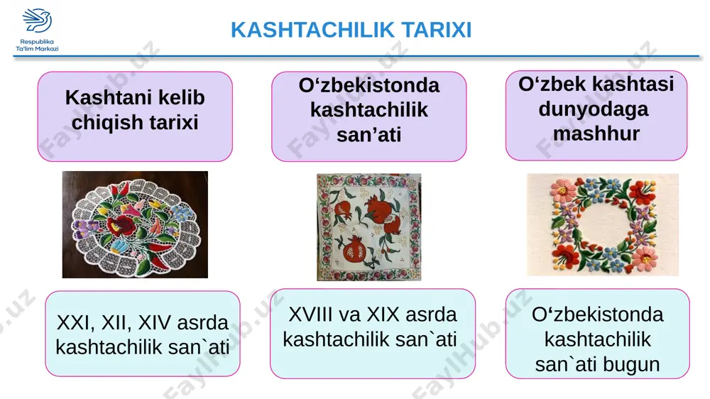 hni xalqlar kashtachiligi ta'sirida boyidi va rivojlandi. o`zbek kashtalariga e'tibor bersak, unda hind, xitoy, rus, qozoq, qirg`iz va tojik kashtachiliklarining usullarini uchratamiz. kashtachilik san'atida har bir millatning o`ziga xos eng ko`p qo`llaydigan naqshlari bo`ladi. o`zbek kashtalarida o`simliksimon, geometrik shakl hamda gul naqshlari ko`p qo`llaniladi. qadimiy an'analarga ko`ra, o`zbek qizlari-bo`lajak kelinchak seplari bo`lmish har xil kashtachilik buyumlarini ya'ni dastro`mol, choyxalta, parda, belbog`, sumka, nimcha, joynomoz, gulko’rpa, kirpich, zardevor, choyshab, so`zana, kiyim bezaklari va bosh kiyimlarini, sovg`alarni o`zlari tayyorlashgan. to`yda kuyovning qarindosh-urug`lariga kelin o`zi tikkan buyumlarini sovg`a qilgan. to`ydan oldin sep yoyib ko`rgazma qilinar, bu kelinning chevarligini, mehnatsevarligini namoyish etishi va kashta qanchalik nozik, chiroyli bo`lsa yuqori baholanar edi. qizlar juda yoshligidan boshlab kashta tikishga o`rgatilib, ular uch, to`rt yildan keyin mustaqil kashta tikishni boshlaganlar. o`rta osiyoda kashtachilik juda keng tarqalgan bo`lib, oilada kashta tikish bilan ayollar shug`ullanishgan. o`tmishda bu kashtalar oq va tabiiy malla shoyi, adras, hisoriga, baxmal matolarga tikilgan, keyinchalik …