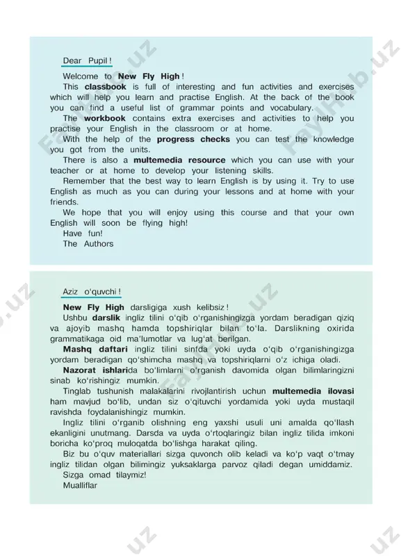 ingiz mumkin. ingliz tilini o‘rganib olishning eng yaxshi usuli uni amalda qo‘llash ekanligini unutmang. darsda va uyda o‘rtoqlaringiz bilan ingliz tilida imkoni boricha ko‘proq muloqatda bo‘lishga harakat qiling. biz bu o‘quv materiallari sizga quvonch olib keladi va ko‘p vaqt o‘tmay ingliz tilidan olgan bilimingiz yuksaklarga parvoz qiladi degan umiddamiz. sizga omad tilaymiz! mualliflar units titles all about me 1 my favourite things 2 i have two sisters. 3 who is the youngest? 4 where are you from? 5 what’s your address? 6 project page 6 7 8 9 10 11 topics personal information families people’s ages countries, cities, hobbies addresses and telephone numbers hours at home and at work 1 they live in a ... 2 what number is your house? 3 what’s your job? 4 where do you work? 5 how do you go to ... ? 6 project 12 13 14 15 16 17 house and its rooms …