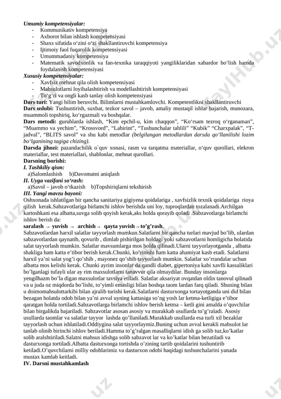 ar:malina,qulpunoy kabi rezavorlar yetishtirila bosh ladi.kishi organizmi normal rivojlanishi uchun turli xil oziq moddalar- oqsil lar,yog’, uglevodlar(shirin moddalar), mineral tuzlar,vitaminlar- suv va boshqa mod dalar ta’minlanib turishi kerak.oqsillar hayot uchun eng muhim modda hisob lanadi.oqsil moddalar asosan go’sht,baliq,tuxum,don va sut mahsulotlarida ko’p bo’ladi.kishi organizmi uchun zarur bo’lgan oziq moddalar har kuni iste’ mol qiladigan taom va oziq – ovqat mahsulotlari orqali qabul qiladi. sut tarki bida organizm uchun zarur bo’lgan barcha moddalar mavjud. bundan tash qari kasallikni oldini oluvchi va yo’qotuvchi moddalar bor.o’zbekistonda aso san qo’y va mol go’shti,ot,echki,parranda,baliq go’shtlari iste’mol qilinadi. iv.darsni mustahkamlash 1. xtqoidalari va san.gig.talablari deganda nimani tushunasiz? 2. go’sht va sabzavot mahsulotlarini qanday saqlash kerak? baholash: darsga faol qatnashgan o’quvchilarni rag’batlantirish. v.uyga vazifa: mavzuni o’rganib kelish. tanishdim: ________ ___________ fan: mehnat ta’limi (qiz bolalar) tartib raqam sinf sana o‘tibdo‘ (imzo) 1 ______________ 2 3 4 5 mavzu: sanitarya va gigiena haqida tushuncha . oshxonada ishlaganda shaxsiy …