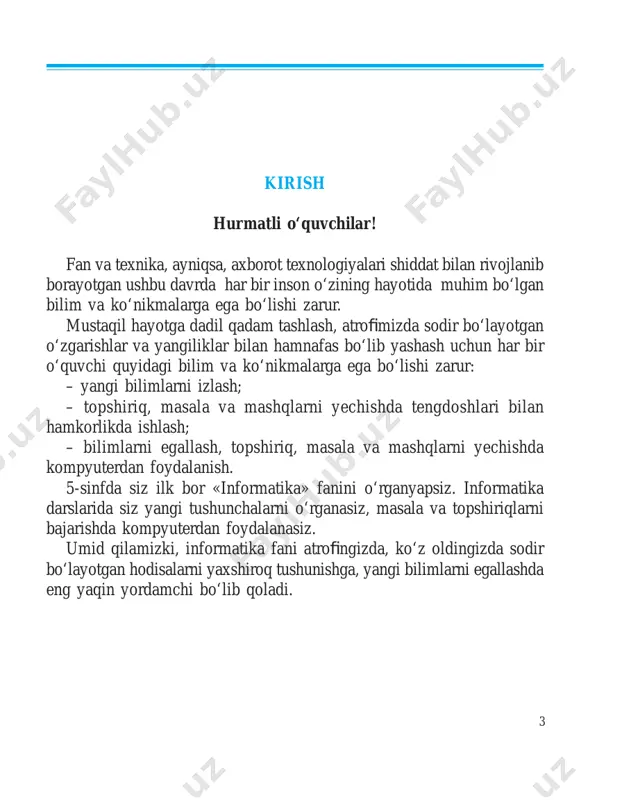chiqishiga sababchi bo‘ladi. bularning oldini olish hamda kom pyuterda ishlash davomida salomat- ligingizga zarar yetmasligi uchun quyidagi talablarga rioya qili shingiz va ularni esdan chiqarmasligingiz kerak: 1) kompyuter stolidan 20 sm uzoqlikda o‘tiring; 2) ko‘zingiz kompyuter ekranidan 50–60 sm uzoqlikda bo‘lsin, har 20–30 daqiqadan so‘ng ko‘zga dam berib turish va kompyuterda ishlash kuniga 180 daqiqadan oshmasligi zarur; 3) yelka va qo‘l tirsagi orasidagi burchak 90–120° ni tashkil qilsin; taqiqlanadi ! 6 4) kompyuter oldida o‘tirganingizda gavdangizni tik tuting; 5) oyoq kaftingiz polga to‘laligicha tegib tursin; 6) qo‘l kaftingizni va barmoqlaringizni erkin tuting; 7) qo‘lingizni tanangizga yaqin masofada ushlang; 8) tizza osti burchagi 90° ni tashkil qilsin. kompyuter oldida noto‘g‘ri o‘tirish umurtqa pog‘onangizda og‘riqlar paydo bo‘lishiga hamda tez toliqishingizga sababchi bo‘ladi. kompyuterdan foydalanishda sog‘lig‘ingizga zarar yetmasligi uchun ko‘z mashqlari va harakat mashqlarini bajarib turing! 1-mashq. ko‘z mushaklarini 4 soniya qattiq yumib turing, so‘ngra ularni ochib, 6 soniya uzoqlarga tikilib turing. bu …