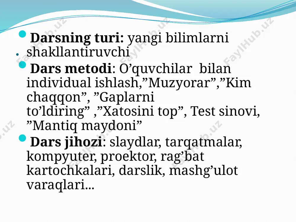 shaxs-son qo’shimchalari deb qanday qo’shimchalarga aytiladi? –m,-ng qo’shimchalarining ishlatilishiga misollar keltiring. –man,-san qo’shimchalarining ishlatilishiga misollar keltiring. fe’llarning shaxs-son qo’shimchalari bilan ishlatilishi nima deyiladi? test savollari. test savollari. 1. tuslanish qaysi soz turkumiga xos? sifat ravish fe’l ot test savollari yurtimizni obod qilish uchun astoydil harakat qilmoqdamiz. ushbu gapda keltirilgan fe’l qaysi shaxs-son qo’shimchasini olgan? i shaxs birlik ii shaxs ko’plik iii shaxs birlik i shaxs ko’plik test savollari –man, -san qo’shimchalari quyida berilgan qaysi fe’lga qo’shila oladi? kuldi boqdi tayyor gapirdi test savollari .-m, -ng qo’shimchalari qanday fe’llarga qo’shiladi? a. –moqchi qo’shimchasini olgan fe’llarga b. unli harf bilan tugagan fe’llarga c. undosh harf bilan tugagan fe’llarga d. –ar qo’shmchasini olgan fe’llarga uyga vazifa: uyga vazifa: ”kitob –bizning do’stimiz” mavzusida matn tuzing. unda ishlatilgan fe’llarning shaxs-sonini aniqlab, gapirib bering. foydalanilgan adabiyotlar: ”ona tilidan ma’ruzalar” n. usmonova, 5-sinf ona tili darsligi, ”til va adabiyot” jurnali