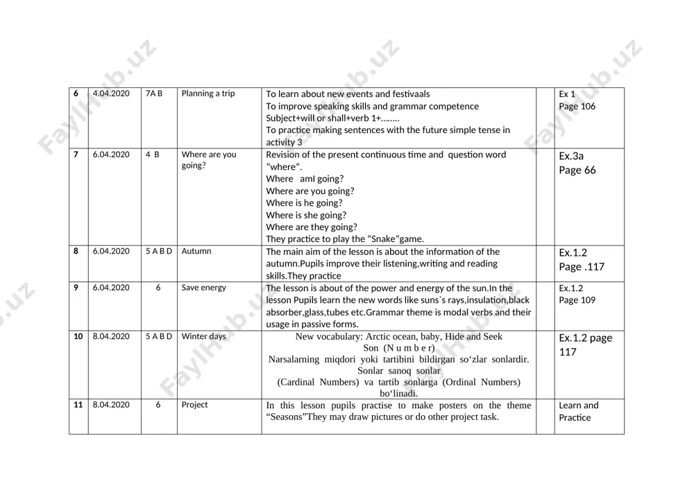 ,oxygen-kislorod at the end of the lesson pupils will be able to: -talk and write about rain forests -read for gist -understand the concept of recycling ex 1 page 109 15 10.04.2020 6 what were you doing? new words: to sweep, a vacuum cleaner, to dust fe’llarning “-ing”li shakllari qanday yasaladi? 1) ko‘pchilik fe’llar: v + -ing.masalan: work�working; sleep�sleeping. 2) “-e”bilan tugovchi fe’llar: (-e) + ing.masalan: make-making. “-ing” qo‘shilganda undoshlarning ikkilanishi 1) bir unli + bir undoshdan iborat bir bo‘g‘inli so‘zlarning oxirgi undoshi -ingqo‘-shilganda ikkilanadi: plan�planning; stop �stopping; 2) ikki unli + bir undoshyoki bir unli + ikki undoshdan iborat bir bo‘g‘inli so‘zlarning oxirgi undoshi –ing qo‘shilganda ikkilanmaydi: wait �waiting; work �working ex1,2 page 110 16 13.04.2020 4 b project recycling the previously learnt vocabulary. act 1. draw where do you want to go and make up sentences like: i’d like to go to… i can get… i’d like to …