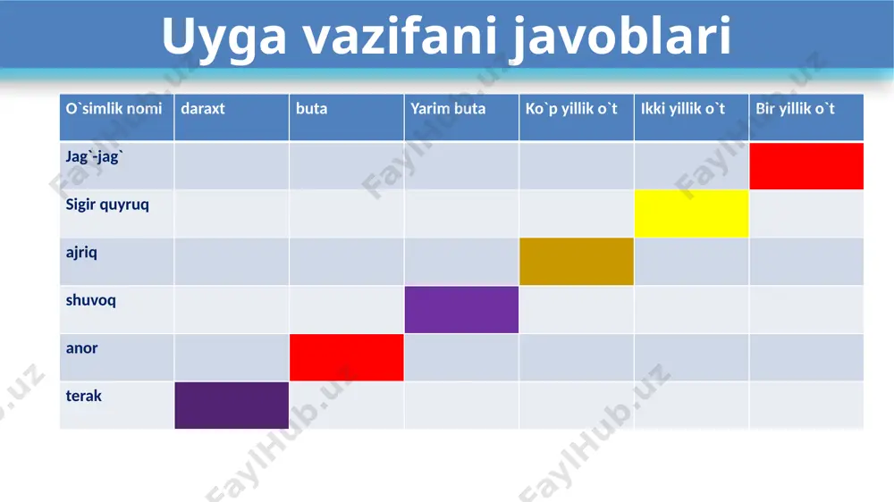 innigul qaysi o`simlikning bargi novdada qarama-qarshi joylashgan? tok g`oza rayxon terak qaysi o`simlikning bargi poyada xalqasimon joylashgan. mavrak gazanda sambitgul kiyik o`t soyasevar o`simlikni aniqlang? yantoq kungaboqar xina g`oza yorug`sevar o`simlikni toping? qulupnay binafsha kungaboqar xina novdada barglar necha xil usulda joylashadi? 4 xil 5 xil 3 xil 2 xil uyga vazifa mavzuni o`qib, konspektlashtirish va mavzu yuzasidan 5 ta test tuzib kelish “farzandlari sog‘lom yurt qudratli bo‘lur, qudratli elning farzandlari sog‘lom bo‘lur” e’tiboringiz uchun rahmat! image1.png image10.jpeg image2.jpeg image3.jpeg image4.jpeg image5.jpeg image6.jpeg image7.jpeg image8.jpeg image9.jpeg image11.png image12.png image21.png image22.png image13.png image14.png image15.png image16.png image17.png image18.png image19.png image20.png image23.png image24.png image25.png image26.jpeg image27.jpeg image28.jpeg image29.png image30.jpeg image31.jpeg image32.jpeg image33.jpeg image34.jpeg image35.jpeg image36.jpeg image37.png image38.jpeg