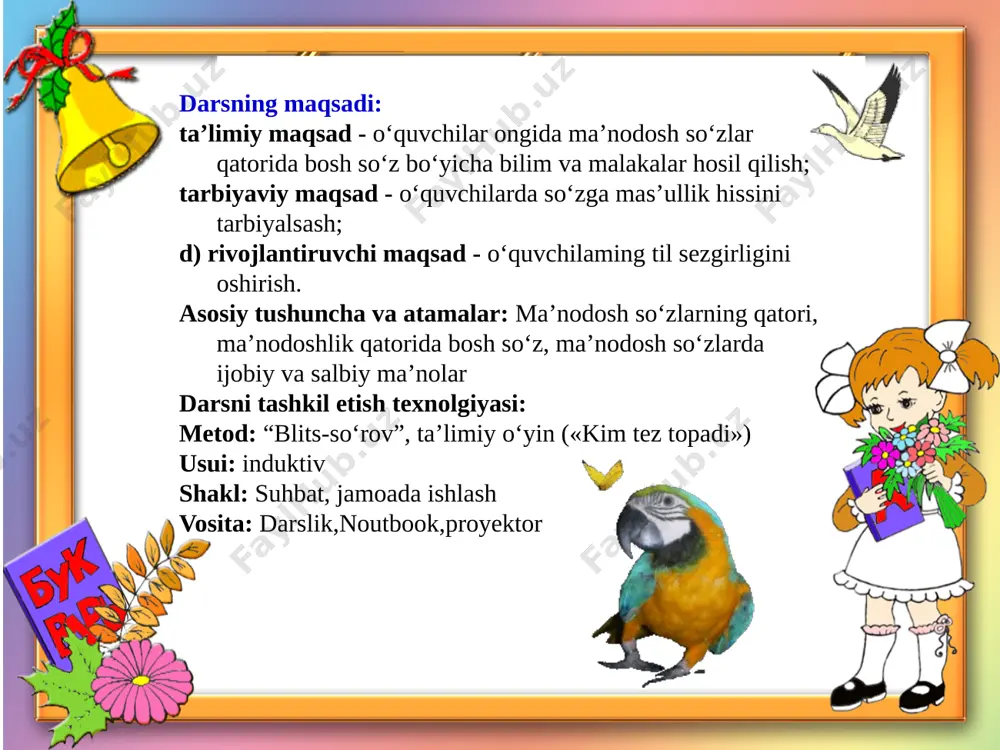utqda keng qo‘llanadigan, ma’nosi barchaga tushunarli so‘zni topish va salbiy ma’no anglatayotgan so‘zni belgilash. javoblar quyidagicha bo‘lishi mumkin. birinchi qatordagi so‘zlarda keng qo‘llanadigan so‘z yurmoq so‘zi, salbiy ma’nodagi so‘z esa sudralmoq, imillamoq so‘zlari va h.k. bilib oling. ma’nodosh so‘zlaming bir qatorga tizilib kelishiga ma’nodoshlik qatori deyiladi. ma’nodosh so‘zlarning nutqda keng qo‘llanadigan va ma’nosi barchaga tushunarli bo‘lgan so‘z bosh so‘z sanaladi. ma’nodosh so‘zlarda ijobiy va salbiy ma’nolar bo‘lishi mumkin. bosh so‘zda bunday ma’no bo‘lmaydi. yuqoridagi topshiriqlardan shunday xulosa chiqarish lozim. mustahkamlash: ma'nodosh so‘zlar bir umumiy ma'noni ifodalasa ham, shu umumiy ma'noni qanday ifodalash nuqtayi nazaridan bir-biridan farq qiladi. masalan: shivirlamoq, gapirmoq, baqirmoq, bo‘kirmoq so‘zlari so‘zlash umumiy ma'nosi bilan bir xil bo‘lsa ham, ular ovozning baland-pastligiga ko‘ra farq qiladi. shuningdek, to‘ng‘illamoq, ming‘irlamoq, vaysamoq, javramoq so‘zlari ham so‘zlash umumiy ma'nosi bilan yuqoridagi so‘zlar bilan birlashadi, lekin ulardan salbiy bahoga egaligi bilan farq qiladi ifoda etmoq, bayon etmoq singari so‘zlar kitobiy uslubga xoslanishi bilan …