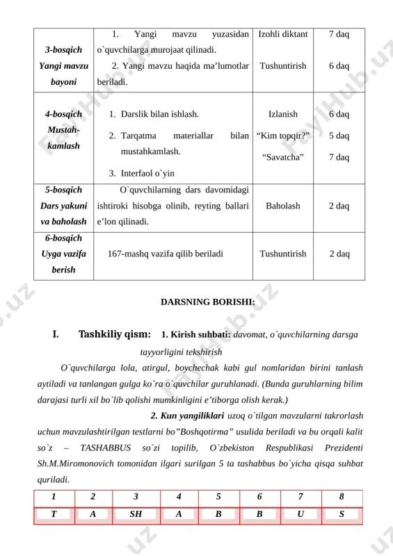 ar bir gap bo`lagining uyushishiga slayd orqali misollar ko`rsatilib, har biri izohlanadi va bog`lanish usuli – ohang yoki bog`lovchi vositalarga alohida e’tibor beriladi. 164-mashq shartiga ko`ra og`zaki bajartiriladi. she’r ifodali o`qitilib, uyushiq bo`laklarni topish topshiriladi, qaysi gap bo`laklari uyushganligiga e’tibor qaratiladi. igna bigiz sotuvchi, jayraga qon tortuvchi, o`lja poylab yotuvchi tipratikanga salom. jirafa-yu bo`taloq, zebra, maymun, ot, uloq, to`q yo`lbars-u, och timsoh, ayyor qoplonga salom. bulbul kabi izillar, tog`-toshlarda gizillar, yirtqichlardan bezillar do`stim jayronga salom. mashqni bajarish jarayonida uyushib kelgan hayvon nomlari alohida sanaladi, slayd orqali rasmlari ko`rsatiladi va zoologiya fanidan olingan bilimlarga asoslanib, qisqa ta’rif berilishi mumkin. shuningdek, fanlararo bog`lanishni kuchaytirish uchun bu hayvon yoki parrandalar badiiy adabiyotda kimning qaysi asarida uchraganligi so`ralishi mumkin. masalan, bulbul qushi hans kristian andersenning “bulbul” ertagida uchraydi. ertak soxta va samimiy insonlar, ularning xatti-harakatlari, insonga baho berishda uning faqatgina tashqi ko`rinishi muhim ahamiyat kasb etmasligi haqida hikoya qiladi. shu bilan birga slayd orqali …