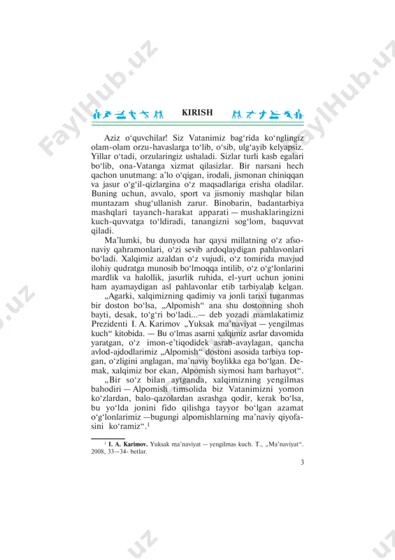 dan o‘q otish singari milliy o‘yinlar mavjud. aziz o‘quvchilar, siz qo‘lingizdagi darslik orqali asosiy sport turlari bilan tanishib, ular haqida yetarli nazariy ma’lumotga ega bo‘lasiz va jismoniy mashqlarni darsdan tashqari paytlar (uy sharoiti, maktab stadioni)da mustaqil bajarishni o‘rganishga doir tavsiyalar olasiz. 5 i b o b sport turlari haqida sport gimnastikasi qadimda yunonistonda har bir yigit va qiz kamolot yoshiga yetguncha jismoniy mashqlar bilan muntazam shug‘ullanishi shart edi. qizig‘i shundaki, yigitlar mashqni yalang‘och holda bajarganlar. „gimnastika“ so‘zining kelib chiqishi ham shu bilan bog‘liq bo‘lib, yunon tilida gimnos — yalang‘och ma’nosini anglatadi. sportning bu turi bilan shug‘ullangan kishining qomati chiroyli, har tomonlama kelishgan, mushaklari rivojlangan, harakatlari chaqqon va ravon bo‘ladi. kishining chaqqon, harakatchan bo‘lishida gimnastika- ning o‘rni katta. bu jihatdan hech bir sport turi gimnas- tikaning o‘rnini bosa olmaydi va umumiy jismoniy tayyorgar- likning puxta poydevorini ham ta’minlay olmaydi, deyish mumkin. gimnastika mashqlarining qimmatli tomoni shun- daki, u inson tanasining ayrim …