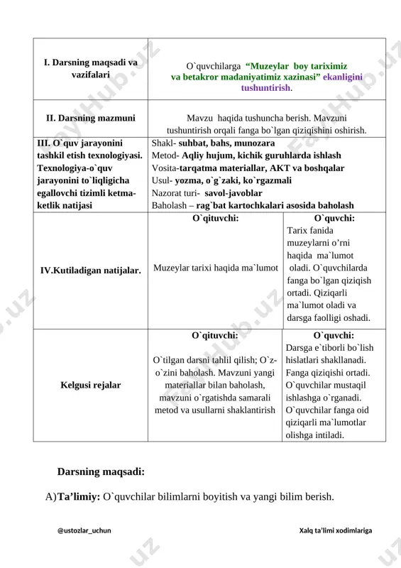 bkmlarni takrorlash maqsadida blits so’rov o’tkaziladi. /. yurtimiz allomalaridan qaysilarini bilasiz? 2. abu ali ibn sino qayerda tug’ilgan? 3. mirzo ulug’bek rasadxonasi qayerda qurilgan? 4. mirzo ulug’bek qachon tug’ilgan? yangi mavzu bayoni. muzeylar nima uchun kerak? muzeylar tarixiy, moddiy va ma'naviy madaniyat yodgorliklarini asrovchi, saqlovchi, o'rganuvchi va xalqqa namoyish qiluvchi ilmiy-ma'rifiy muassasalardir. muzeylar kishilarning o'zlari uchun qadrli va yodgorlik bo'lib qoladigan buyumlarni to'plab, ularni kelgusi avlodlarga qoldirish ehtiyoji natijasida paydo bo'lgan. muzeylar xazinasida moddiy va tasviriy narsalar, shuningdek, san'at asarlari jamlanadi. shu bilan birga yozma manbalar (qadimdan hozirgi davrgacha bo'lgan tarixiy qimmatga ega qo'lyozmalar, bosma hujjatlar, kitoblar) saqlanadi. muzeylarning turlari juda ko'p. ular xalqning tarixiga, adabiyoti va san'atiga, texnikaga, tibbiyotga, hayvonot olami, harbiy qurol-yarog'larga oid hamda tabiat va boshqa turdagi muzeylardir. muzeylar dastlab ibodatxonalarda tashkil etilgan. yevropada ko'plab muzeylarning tashkil etilishi va muzeyshunoslik fanining vujudga kelishi xiv-xvii asrlarga to'g'ri keladi. muzeylar tadqiqot va ta'lmiy-tarbiyaviy vazifalarni o'tashi bilan ham ahamiyatlidir. muzeylardan …
