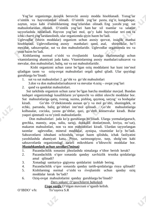 vri bilan birga boshlanadi va shu sohalarning ravnaqiga bog’liq holda rivojlanadi. o’zbek milliy pazandaligi ham faoliyatning boshqa sohalari kabi doimo o’zgarib va takomillashib borgan. xix asrga kelib o’zbekistonda ham pomidor, karam, kartoshka, lavlagi kabi sabzavotlar: malina, qulupnay kabi rezavorlar yetishtirila boshladi. taomlarning turlari ko’paydi. sabzavotlar, mevalar, ko’katlar ko’pligi sababli bizning taomlar xushbo’yligi, mazaliligi bilan ajralib turadi. taomlarning xilma- xil va lazzatli bo’lishini ta’minlash, ularni did bilan dasturxonga tortish pazandachilikning asosini tashkil qiladi. pazandachilik san’ati - o’simlik va hayvon mahsulotlaridan inson organizmi uchun zarur bo’lgan, uning mehnat qobilyatini oshiradigan, sog’lom hayot kechirishini ta’minlaydigan turli xil lazzatli, to’yimli va pokiza taomlar tayyorlash hamda did bilan bezab dasturxonga berishning muayyan usullari yig’ndisidir. kishining organizmi normal rivojlanishi, sog’lom bo’lishi uchun turli xil oziq moddalar - oqsillar, yog’lar, uglevodlar [shirin moddalar], mineral tuzlar, vitaminlar - suv va boshqa moddalar bilan ta’minlanib turilishi kerak. oqsillar hayot uchun eng muhim modda hisoblanadi. oqsil moddalar asosan go’sh, baliq, …