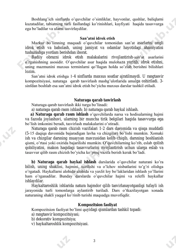 ga qarab rasm ishlash o’quvchilarda narsa va hodisalarning hajmi va fazoda joylashuvi, ularning bir muncha tirik belgilari haqida tasavvurga ega bo’lish imkonini beradi, tasvirlash malakalarini o’stiradi. naturaga qarab rasm chizish vazifalari 1-2 dars davomida va qisqa muddatli (5-15 daqiqa davomida bajaradigan lavha va chizgilar) bo’lishi mumkin. xomaki ish va chizgilar darsning muayyan mavzusidan kelib chiqib, darsning boshlanish qismi, o’rtasi yoki oxirida bajarilishi mumkin. o’quvchilarning ko’rib, eslab qolish qobiliyatini, makon haqidagi tasavvurlarini rivojlantirish uchun ularga eslab va tasavvur qilib rasm chizish bo’yicha ko’proq vazifa berish kerak bo’ladi. b) naturaga qarab haykal ishlash darslarida o’quvchilar naturani ko’ra bilish, uning shaklini, hajmini, tuzilishi va o’lchov nisbatlarini to’g’ri olishga o’rgatadi. haykallarni alohida-alohida va yaxlit loy bo’laklaridan ishlash yo’llarini ham o’rganadilar. bunday darslarda o’quvchilar hajmi va relefli haykallar ishlaydilar. haykaltaroshlik ishlarida natura hajmdor qilib tasvirlanayotganligi tufayli ish jarayonida turli tomonlarga aylantirib turiladi. dars o’tkazilayotgan xonada naturaning shakli yaqqol ko’rinib turishi maqsadga muvofiqdir. kompozitsion faoliyat kompozitsion …