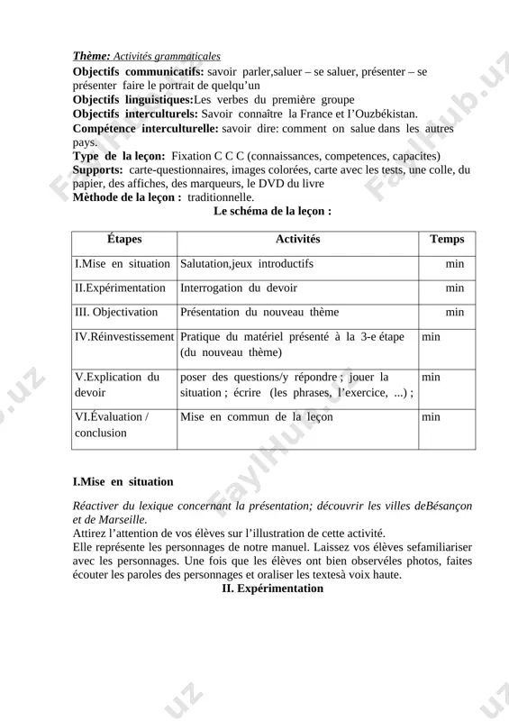 et de marseille. attirez l’attention de vos élèves sur l’illustration de cette activité. elle représente les personnages de notre manuel. laissez vos élèves sefamiliariser avec les personnages. une fois que les élèves ont bien observéles photos, faites écouter les paroles des personnages et oraliser les textesà voix haute. ii. expérimentation [image: ] iii. objectivation grammaire: rappelez-vous le présent. récapituler le temps de présent; réviser la formation de quelques verbesau présent.faites observer attentivement le tableau de conjugaison des verbes auprésent. une fois que les élèves ont bien étudié le tableau, demandez-leurd’expliquer la formation du présent. les élèves essaient de le faire. en casde difficulté, n’hésitez pas à les aider. faites attention à ce que les élèvesprennent en considération les trois groupes des verbes en expliquant.demandez aux élèves de former les phrases à la forme affirmative et à laforme négative: je parle de ma famille. je ne parle pas de ma famille.n’oubliez …