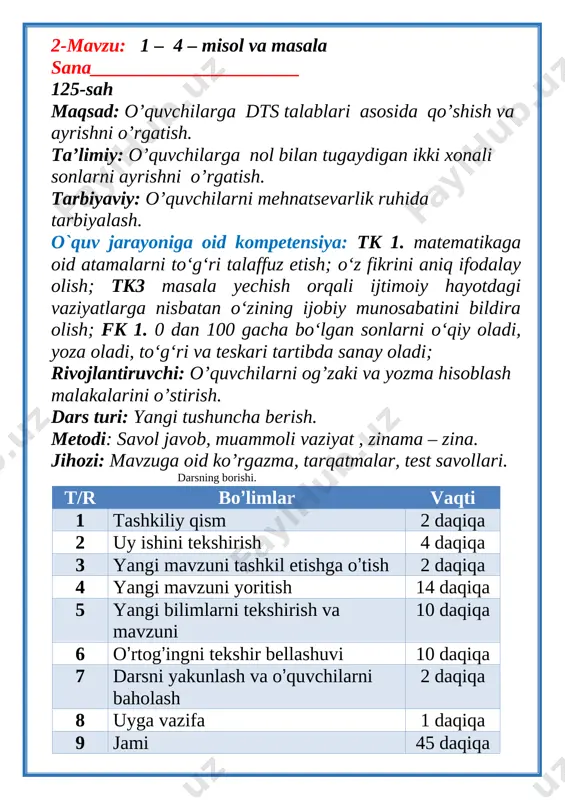 zalikni tekshirish b) ma’naviyat daqiqasi kun yangiligi d) ingliz tili daqiqasi 58 . fifty - eight, 59. fifty-nine ii. o’tgan mavzuni so’rash va mustahkamlash. o’tgan mavzuni mustahkamlab yangi mavzu bilan bog’lash. iii yangi mavzu bayoni 1. namuna bo‘yicha bajaring: 20 = 10 + 10 50 = 30 +20 80 = 50 + 30 30 = 20 + 10 60 = 50 + 10 90 = 70 + 20 40 = 30 + 10 70 = 40 + 30 100 = 50 +50 2. botirda 28 ta yong‘oq bor. ukasidagi yong‘oqlar akasinikidan 8 ta kam. aka ukada hammasi bo‘lib nechta yong‘oq bor? 1) ukasidagi yong‘oqlar soni – 28 - 8; [image: image55.png]2) aka-ukadagi hamma yong‘oqlar so ni – 28 + (28 - 8). yechilishi: 28 + (28 - 8) = 28 + 20 = 48 ta javob: aka-ukadagi hamma yong‘oqlar soni 48 ta iv mustahkamlash o’quvchilar 2 guruhga ajratiladi ularga 3 …