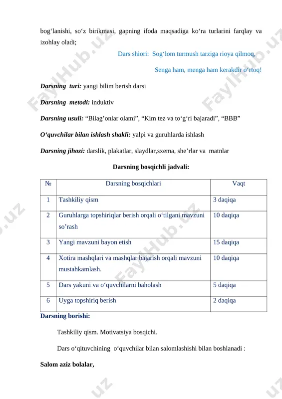 di: ko’rdingizmi bolalar, atrofga zarar yetkazish inson salomatligiga ham o’zining salbiy ta’sirini o’tkazadi. demak, biz doimo sog’lom turmush tarziga rioya qilishimiz va doimo o’zimiz va yaqinlarimiz salomatligi uchun qayg’urishimiz lozim bo’lar ekan. shundagina biz sog’lom-turmush tarsi qoidalariga rioya qilgan bo’lamiz. o‘tilgani mavzuni takrorlash. endi o‘quvchilarning oldingi darsda o‘tilgan so’z birikmasi mavzusini qay darajada o’zlashtirganligini aniqlash maqsadida slaydlar yordamida takrorlash jarayoni o’tkaziladi: [image: ] slayd yordamida o’quvchilar so’z birikmalari tuzadilar: [image: ] mana aziz o‘quvchilar, sizlar bilan so’z birikmalarini esga oldik.qani endi menga aytingchi, sizningcha, biz gaplarni qanday ifoda etamiz? o’quvchilardan mustaqil fikrlar so’raladi, umumlashtiriladi va qoida haqida tushuncha beriladi. induktiv metod orqali o‘quvchilar darslikdagi qoida orqali emas, o’zlari tushungan va anglagan holda yordamchi so‘zlarga ta’rif beradilar. shu bilan birga , sog‘ligimizga e’tibor qaratishimiz kerakligi, aksincha, qodirning yomon odati oqibatida inson salomatliga putur yetkazib qo’yishimiz mumkinligi aytib o’tiladi. (bu orqali tarbiyaviy maqsad amalga oshiriladi) yangi mavzu bayoni. shundan so’ng quyidagi jadval …