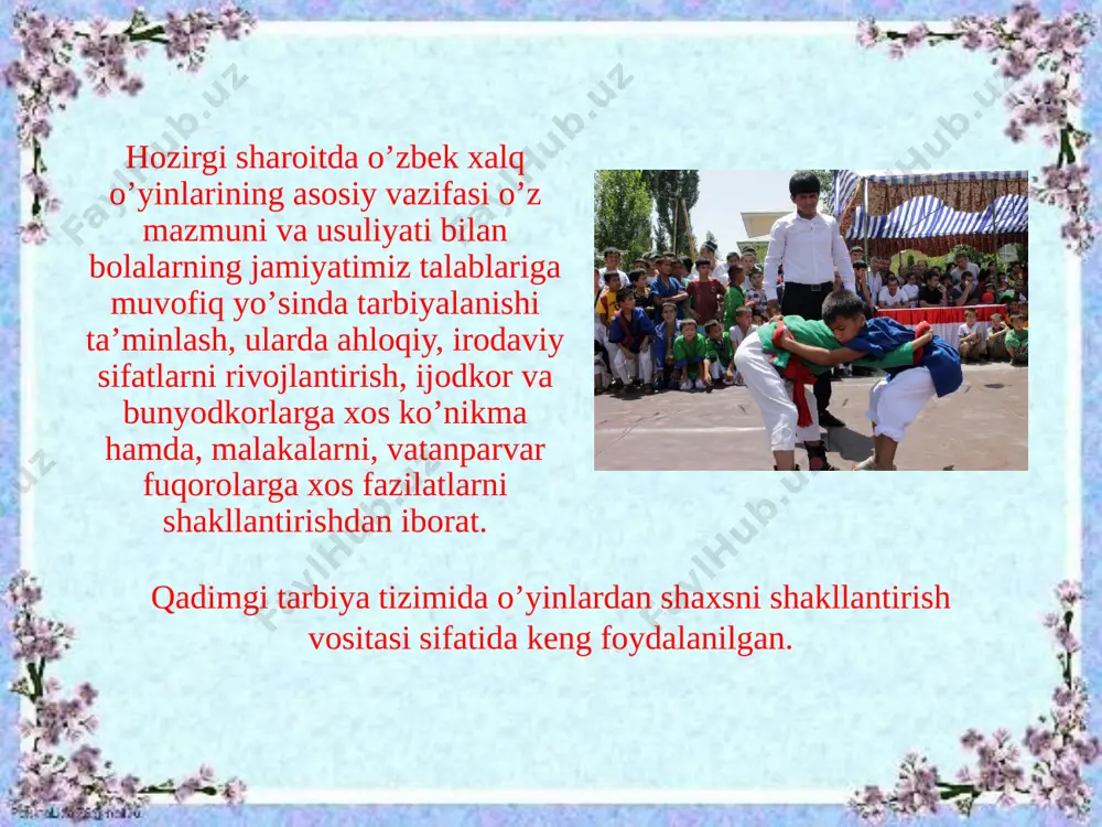 osaga olib keladi: qadimgi xalq o’yinlarini jismoniy tarbiya darslarida qo’llash o’quvchilarda juda katta qiziqish uyg’otadi, natijada ularning jismoniy, aqliy, irodaviy xislatlarini rivojlantirishga ijobiy ta’sir etadi. o’yin davomida bolalar yuradilar, sakraydilar, yuguradilar, o’rmalaydilar, biror bir buyumni irg’itadilar, natijada ularning mushaklari va sezgi organlari rivojlanadi, organizmni hayot faoliyati yanada oshadi. o’yinda bolalarning irodasi, o’z harakatlarini o’yin qoidalariga bo’ysundira olish ko’nikmasi shakllanadi, u o’zini qo’pol hatti - harakatlardan tiyadi, zarur bo’lganda chaqqon harakat qilishga (yashirinish, yugurish, tutib olish, tez fikrlash, og’ir ahvoldan qutilib ketish chorasini topishga) o’rgatadi. o’yinlar shug’ullanuvchilarni aniq psixologik streotipi shakllanishining o’ziga xos modelidir, harakat malakalarini shakllanishiga, harakat tayyorgarlik darajasi va harakat sifatlari rivojlanishining kutarilishiga imkon beradi. o’yinning tushunchasi juda keng, yosh bolaning oddiy harakatidan, to sport faoliyati harakati takomillashigacha har xil xodisalarni qamrab oladi. o’yinlar insoniyatning eng birinchi rivojlanish bosqichida hayot malakalari harakat sifatlari, harakat malakalarining eng muhim vositasi sifatida rivojlangan. o’yinlarning birinchi rivojlanish bosqichi-insoniyatning mehnati bolalarning tarbiyaviy va sog’lomlashtirish …