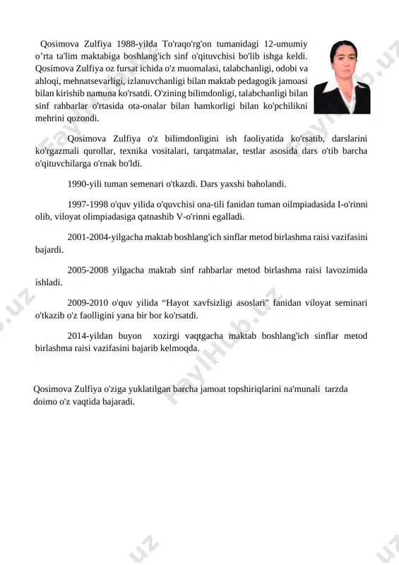 ash oyini, raqamli kartochkalar orqali sonlar hosil qilish guruhlarda ishlash 18 minut darsni yakunlash test topshiriqlari baholash 4 minut uyga vazifa berish uyga vazifa berish tushuntirish 2 minut darsning borishi : -salomlashish; -oqituvchi; salom aziz bolalarim, gulu rayhon bolalarim. qani tihglang so`zlarim jajji o`g`il qizlarim. ona yurt egasisiz istiqlol ertasisiz bo`ling aqlu rasolar ham bilmdon donolar. -navbatchi axborati; -o`qituvchi; qani ayting bolalar kim navbatchi bo`ladi ushbu kunning hisobin, menga aytib beradi. -navbatchi o`quvchi; bugun sinfda men navbatchiman . sinfda 33 nafar o`quvchidan 33 tasi darsga tayyor. -o`qituvchi;hozir darsimiz matematika -o`qituvchi; darsimizning shiori; -o`quvchilar;ilmdan yaxshiroq xazina bo`lmas -qo`lingdan kelgancha yig`a olsang bas - o`qituvchi;`oldimizga qo`ygan maqsadimiz. -o`quvchlar; o`qib- o`rganamiz, ijod qilamiz, shu ozod vatanni obod qilamiz. o`quvchilarni guruhlarga bo`lish. 1-guruh muhammad yusuf . 2-guruh amir temur nar bir guruhga sardorlar saylanadi. guruh sardorlari guruh nomlariga ta`rif beradilar. o`qituvchi darslik kitobi o`quvchilarga ko`rsatadi va savol beradi. -bu qanday kitob? [image: ] [image: …