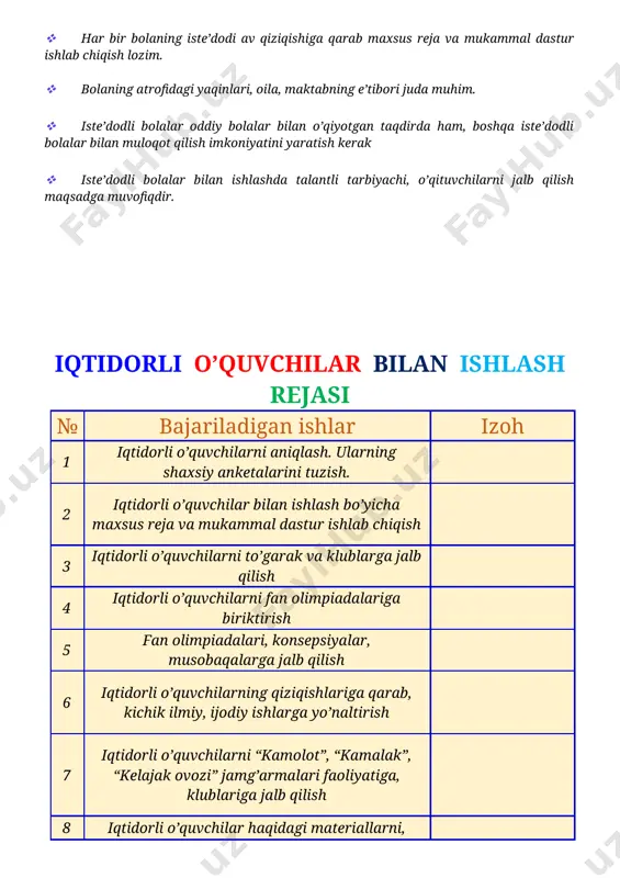 tqadam faoliyat amalga oshiriladi. "o’zbekiston respublikasi “kadrlar tayyorlash milliy dasturi” dan · · iqtidorli o’quvchilarni aniqlash, ishlash, rivojlantirish muammolari kadrlar tayyorlashda dolzarb va katta istiqbolli yo'nalishlardan biri – maktab o’quvchilari orasidan iqtidorli, zukko bolalarni aniqlash, ularni alohida dasturlar asosida o'qitish, xalq xo'jaligi uchun malakali mutaxassislar qilib yetishtirlshdir. o’zbek avlodini jahonga ko’z – ko'z qiladigan insonlar bu iste'dodli, qobiliyatli, zukko, malakali, o'z ishining ustasi bo’lgan yoshlardlr. dono, tetik, aqli raso bolalarni sinf o'quvchilari orasidan asosli ravishda tanlashimiz va ularni layoqat yo'nalishlari, qobiliyatlariga qarab u yoki bu sohaga, kasbga yo’naltirishimiz kerak. iste’dodlarni tanlashda aslo xatoga yo’l qo’ymaslik kerak. iqtidorli o’quvchilar bilan ishlashda quyidagilarga e’tibor berish kerak [image: vopros.jpg] iqtidorli o’quvchilarning “umid”, “yoshlar ittifoqi”, “kamalak”, “kelajak ovozi” kabi jamg’armalar tomonidan o’tkazilgan musobaqalarda faol qatnashishiga yordam berish iste’dodli bola kim? iste’dod ko’p qirralidir. yosh bolalardagi iste’dodning ko’rinishi – bu nutqning erta paydo bo’lishi va juda ko’p bo’lgan lug’at boyligidir. bundan tashqari iste’dodli bolalar tevarak …