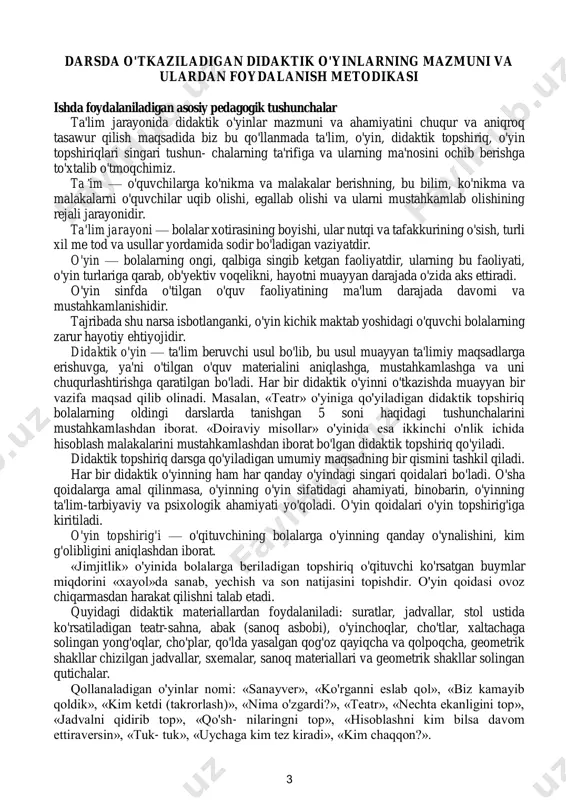 anni eslab qol», «biz kamayib qoldik», «kim ketdi (takrorlash)», «nima o'zgardi?», «teatr», «nechta ekanligini top», «jadvalni qidirib top», «qo'sh- nilaringni top», «hisoblashni kim bilsa davom ettiraversin», «tuk- tuk», «uychaga kim tez kiradi», «kim chaqqon?». sanoqqa doir ba'zi didaktik o'yinlarning tasnifi 1 - g i g i h. birinchi o’nlik doirasidagi son tarkibi maiakalarini mustahkamlovchi o'yinlar 1. «buyumlarni 10 gacha sanash» didaktik o'yin: «jimjitlik» didaktik topshiriq: bolalarning oddiy sanoq haqidagi tushun- chalarini aniqlash va mustahkamlash. o'yin topshirig'i: aniq buyumlarni «xayolda» sanab, kerakli sonni barmoqlar bilan ko'rsatish. o'yinning borishi: o'qituvchi boshlovchilik vazifasini bajaradi. o'qituvchi: — bolalar, «jimjitlik» o'yinini o'ynaymiz. men sizlarga hozir har xil narsalarni ko'rsataman. siz ularning sonini topshingiz kerak bo'ladi. bolalar birdan gapga tushib ketadilar. — yo'q, bolalar. javob qaytarishdan oldin qo'l ko'tarish kerak. o'qituvchi bolalarga doira va cho'plarni sanatadi. — endi men sizlarga narsalarni ko'rsataman. sizlar ovoz chiqar- masdan sanab, qancha bo'lganini barmoqlaringiz bilan ko'rsatasiz. o'qituvchi 4 ta qo'g'irchoqni …