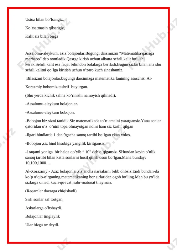 muvaffaq bo’ladilar va o’zlari uchun ajratilgan savatga soladilar. 2-guruhga: ko’m-ko’k archa ostida, jajji belanchak, belanchakda hayvonlar o’ynar xushchaqchaq. 10ta malla bo’richa,7 tulkicha, hisoblang bolajonlar,hammasi nechta ? 3-guruhga: o’ynar 3ta qizbola, go’yo ochilgan lola. do’stlari kelishdi 5 ta, ayting , ular bo’ldi nechta? endi 2-guruh 1 va 2-guruhga bittadan masala aytadi. 1-guruhga: o’nta jo’jam bor dalada, mushuk poylar huv panada. birin paqqos yedi kecha, bugun yana. qoldi necha? 3-guruhga: don cho’qiydi oq tovuq, suv ichadi qorasi. hammasi qancha bo’lar, qo’shilganda olasi? 3-guruh 1 va 2-guruhga masala aytadi: 1-guruhga: qovunni o’n bo’lakka, teppa-teng tilib qo’ydim. sen esa savolimga, o’ylab so’ng javob bergin. biri-biridan totli. yesang tilni yoradi. bir tilimni senga bersam, menda nechta oladi? 2-guruhga: o’n tup daraxt bor edi , qo’shni bog’da, yana beshta ekdilar kuzak chog’da. qani do’stlar aytingchi,daraxt qancha? faqat adashib ketmang , siz hisobda. [image: image2.png] 2-shart: “zanjir” usulida berilgan misollarni yechish. 20+5= 21+9= 20+9= 30-5= 25-4= 30-10= …