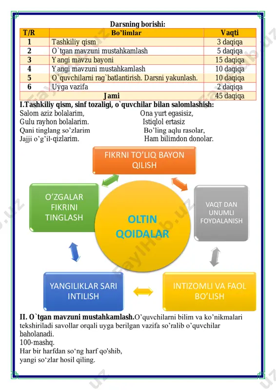 deb, yurtim deb barakali mehnat qiladi. ba'zilar vatan uchun jonini fido etadi. ba'zilar halol ishlab, faxriylar safidan munosib o'rin oladi. vatan ozodligi va mustaqilligi uchun jonini fido etgan ajdodlar yodi minnatdor avlodlar xotirasida abadiy saqlanadi. vatan ravnaqi, farovon hayot uchun fidokorona mehnat qilgan faxriylar e'zozlanadi, hurmat bilan qadrlanadi. bilimingizni t kshiring bo lishsiz l qanday qo shimcha qo shish orqali hosil bo ladi 102-mashq. quyidagi savollarga yozma javob bering. ajdodlar jasorati biz uchun oʻrnakdir! . shahringiz yoki qishlog'ingizdagi xotira xiyobonini borib ko'rganmisiz? . vatan ozodligi va mustaqilligi uchun qurbon bo'lganlardan kimlarni bilasiz? . mehnat faxriysi bo'lgan qarindoshlaringiz bormi? . 9-may —- xotira va qadrlash kuni qayerlarda boʻldingiz va kimlarni ziyorat qildingiz? 103-mashq. ushbu rasmdan foydalanib, “yoʻlchiroq” mavzusida hikoya yozing. iv.yangi mavzuni mustahkamlash: bajarilishi yuzasidan ko`rsatma beriladi: aqlni charxlash uchun topshiriqlar maqolning davomini toping va chiziq chizish orqali birlashtiring: 1 ish ishtaha ochar bir kes 2 beshikdan to qabrgacha o’quvchining o’rtog’i …