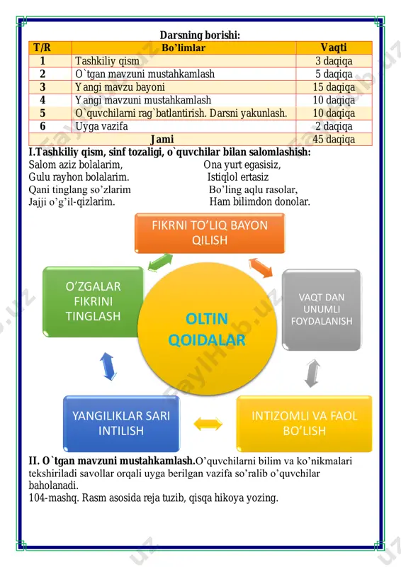 arimizga jiddiy zarar yetkazishga ulgurib boʻlar ekan. ya'ni quloqchinlar quloqlardagi bakteriyalarning 700 barobar tez harakatga kelishiga olib keladi. aslida bu biz va quloqlarimiz uchun jiddiy zarar. 106-mashq. hikoyat mazmunidan kelib chiqib, fikringizni izohlang. toshbaga va burgut toshbaga burgutdan uchishni o'rgatgin, deb so'rabdi. burgut buni lozim topmabdi. “bu ishni qo'ygin, senga toʻgʻri kelmaydi”, desa ham, toshbaqa ko'nmabdi. burgut uni panjalarida tutib, osmon-u bilimingizni t kshiring bo lishsiz l qanday qo shimcha qo shish orqali hosil bo ladi falakka ko'taribdi-yu, qo'yib yuboribdi: toshbaqa yerga tushib, toshlarga urilib, halok bo'libdi. iv.yangi mavzuni mustahkamlash: bajarilishi yuzasidan ko`rsatma beriladi: aqlni charxlash uchun topshiriqlar maqolning davomini toping va chiziq chizish orqali birlashtiring: 1 ish ishtaha ochar bir kes 2 beshikdan to qabrgacha o’quvchining o’rtog’i 3 ona yurting ilm izla 4 y tti o’lchab dangasa ishdan qochar 5 kitob bilim bulog’i oltin beshiging 5. berilgan jadvaldagi harflarning joylashuvi asosida pastdagi bo’sh kataklar yuqori kataklardagi raqamlarga mos keluvchi …