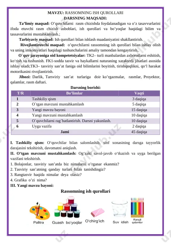 rishi: t/r bo’limlar vaqti 1 tashkiliy qism 3 daqiqa 2 o`tgan mavzuni mustahkamlash 5 daqiqa 3 yangi mavzu bayoni 15 daqiqa 4 yangi mavzuni mustahkamlash 10 daqiqa 5 o`quvchilarni rag`batlantirish. darsni yakunlash. 10 daqiqa 6 uyga vazifa 2 daqiqa jami 45 daqiqa i. tashkiliy qism: o‘quvchilar bilan salomlashib, sinf xonasining darsga tayyorlik darajasini tekshirish, davomatni aniqlash. ii. o‘tgan mavzuni mustahkamlash: og‘zaki savol-javob o‘tkazish va uyga berilgan vazifani tekshirish. 1. bolajonlar, tasviriy san’atda biz nimalarni o’rganar ekanmiz? 2. tasviriy san’atning qanday turlari bilan tanishdingiz? 3. rangtasvir haqida nimalar deya olasiz? 4. grafika o’zi nima? iii. yangi mavzu bayoni: rassomning ish qurollari [image: ][image: ][image: ][image: ][image: ][image: ][image: ] ish o‘rnini tashkil etish [image: ][image: ] iv. yangi mavzuni mustahkamlash: darsning ushbu qismida o‘quvchilar dars yakunida quyida berilgan topshiriqlar va savollarga javob beradilar: 1. rassomlar nima orqali rasm chizadi? 2. qanday qalam va mo’yqalamlar bor ekan? 3. qanday bo’yoqlar bor? 4. …