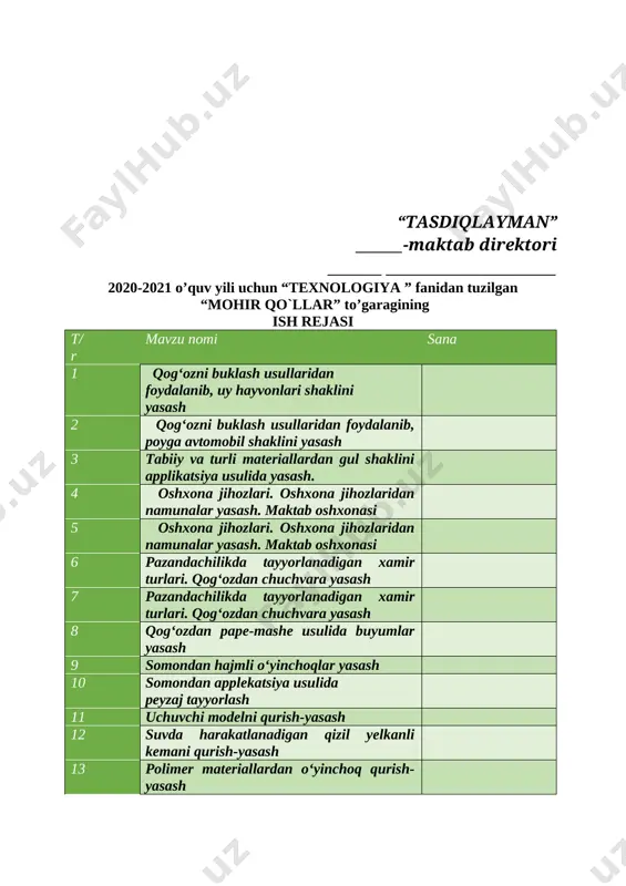 11 12 13 14 15 16 17 18 19 20 yo`riqnoma bilan tanishtiruvchi va to`garak mashg`uloti rahbari: _________ _____________ “______________________________________” to`garagi a`zolarining ro`yxati № o`quvchilarning familiyasi, ismi tug`ilgan yili sinfi yashah manzili 1 2 3 4 5 6 7 8 9 10 11 12 13 14 15 16 17 18 19 20 to`garak rahbari ______ _______________________________ to`garak jurnal № oy kun f.i.sh 1 2 3 4 5 6 7 8 9 10 11 12 13 14 15 16 17 18 19 20 № sana mavzu uyga vazifa 1 2 3 4 5 6 7 8 9 10 11 12 13 14 15 16 17 18 19 20 sana:________________ qog‘ozni buklash usullaridan foydalanib, uy hayvonlari shaklini yasash. maqsad: ta’limiy:qog’oz buklash haqida tushuncha berish. tarbiyaviy: badiiy-estetik didni o'stirish, tejamkorlikni, mehnatsevarlikni, ozodalilikni tarbiyalash. rivojlantiruvchi: o'quvchilarda ijodiy tafakkur, tasavvur va fantaziyasini , qog’oz va qaychi bilan ishlash malakalarini rivojlantirish. 1. buyum va mahsulot turlarini, …