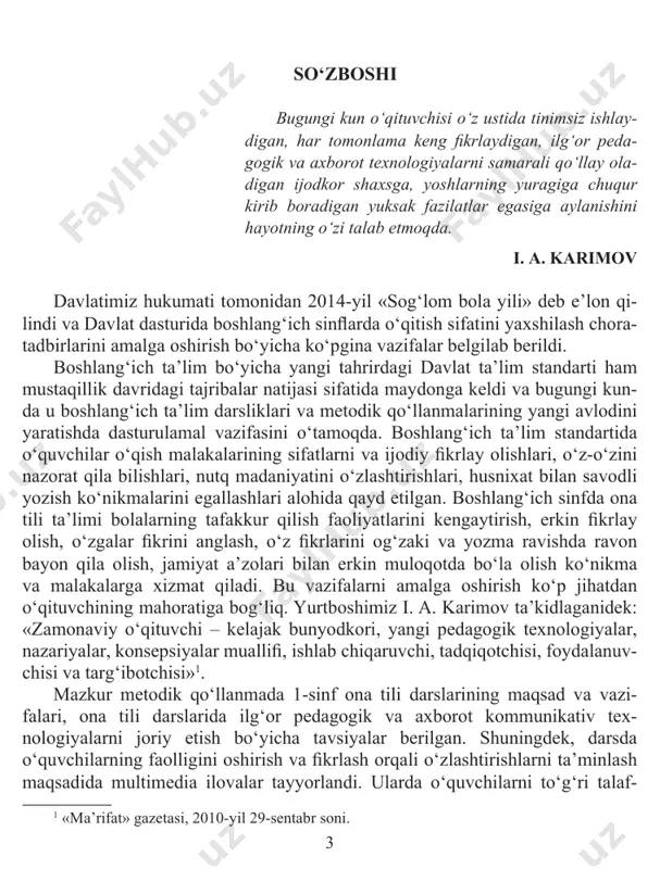 aki va yozma nutqlarining savodli bo‘lishiga, husnixat bilan savodli yozishga o‘rgatish; vatanimizning o‘tmishi, buguni va mustaqillik yillaridagi taraqqiyoti, milliy urf-odatlari, borliq va jami- yat haqidagi mavjud bilimlarini yanada boyitish maqsad qilib olindi. bu maqsad- ni amalga oshirishda turli metodlardan va metodik ish turlaridan foydalanildi. ular o‘quvchilarni o‘ylashga, izlanishga, xulosalar chiqarishga undaydi, ona tili- ga bo‘lgan qiziqishlarini oshiradi. mazkur metodik qo‘llanmada ishlanmasi berilmagan darslar boshqa darslar tuzilishidan foydalangan holda tashkil qilinadi. ushbu metodik qo‘llanma yuzasidan bildirilgan fikrlarni mualliflar mam- nuniyat bilan qabul qiladilar. boshlang‘ich sinfda «ona tili» fanini o‘qitishning maqsad va vazifalari maktablarda ona tili o‘rgatishning mazmuni jamiyat rivojlanishining hozir- gi bosqichida davlatimizning maktab oldiga qo‘ygan vazifasiga moslangan. bu vazifalar qo‘p qirrali bo‘lib, ularni bajarish o‘quvchilar ongini o‘stirishga, ularga g‘oyaviy-siyosiy, axloqiy, estetik va mehnat tarbiyasini berishga yo‘naltirilgan. ona tilini o‘rgatish natijasida o‘quvchilarda o‘z fikrini grammatik to‘g‘ri, uslubiy aniq, mazmunli, ohangga rioya qilib ifodalay olish va uni imloviy to‘g‘ri yoza olish ko‘nikmalari …