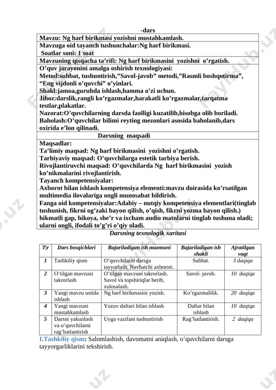 halar:kichik p harfi. soatlar soni: 1 soat mavzuning qisqacha ta’rifi: kichik p harfini yozishni o’rgatish. o’quv jarayonini amalga oshirish texnologiyasi: metod:suhbat, tushuntirish,”savol-javob” metodi,”rasmli boshqotirma”, “eng vijdonli o’quvchi” o’yinlari. shakl:jamoa,guruhda ishlash,hamma o’zi uchun. jihoz:darslik,rangli ko’rgazmalar,harakatli ko’rgazmalar,tarqatma testlar,plakatlar. nazorat:o’quvchilarning darsda faolligi kuzatilib,hisobga olib boriladi. baholash:o’quvchilar bilimi reyting mezonlari asosida baholanib,dars oxirida e’lon qilinadi. darsning maqsadi maqsadlar: ta’limiy: kichik p harfi imlosini to’g’ri, aniq va chiroyli yozishga o’rgatish. tarbiyaviy: o’quvchilarda mehnatsevarlik tuyg’usini tarbiyalash . rivojlantiruvchi: o’quvchilarda chiziqdan chiqib ketmaslik , harf unsurlarini to’g’ri yozish. p harfiga oid yozuv ko’nikmalarini rivojlantirish tayanch kompetensiyalar: axborot bilan ishlash kompetensiya elementi:mavzu doirasida ko’rsatilgan multimedia ilovalariga ongli munosabat bildirish. fanga oid kompetensiyalar:adabiy – nutqiy kompetensiya elementlari(tinglab tushunish, fikrni og’zaki bayon qilish, o’qish, fikrni yozma bayon qilish.) hikmatli gap, hikoya, she’r va ixcham audio matnlarni tinglab tushuna oladi; ularni ongli, ifodali to’g’ri o’qiy oladi. darsning texnologik xaritasi t|r dars bosqichlari bajariladigan ish mazmuni bajariladigan ish shakli ajratilgan vaqt 1 …