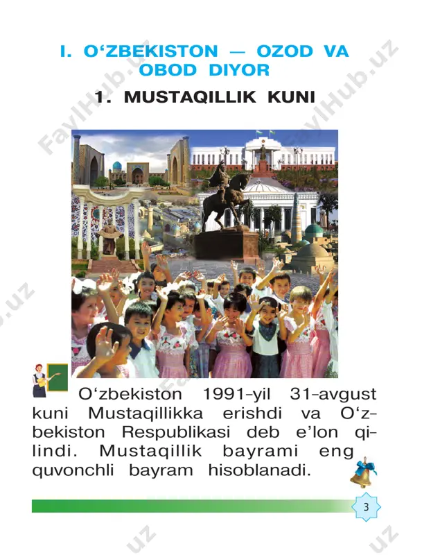 iynati. rasmlarga qarab, etiketga amal qilayotgan bolalarni toping.! 13 etiketdan o‘rganamiz avtobusda kattalarga joy bersa, buvisiga qo‘l ko‘ksida, choy bersa, “5” o‘rniga “2” baho olmasa, sinfida shovqin-suron solmasa, xulq-odobi yuz-ko‘zidan bilinsa, etiketning o‘rgatgani shu bo‘lar, unga amal qila olgan zo‘r bo‘lar! m. egamberdi qizi rasmga qarab, toping-chi, odobli bola nimalar bilan do‘stlashishi kerak ekan? ? 14 6. etiketning asosiy talabi odamlarga mehribon bo‘ling. 15 7. yaxshilik va yomonlik yomonlik qaydan kelar? yomonlikning asosi eng avval bekorchilik. bekorchining qilmishi turgan gap, beorchilik. bekorni ko‘rgan zamon, tortinma, olgin qo‘lga. boshla mehnat deyilgan ajoyib oydin yo‘lga. u mehnat maktabida yaxshilikka yo‘l olar. bekorchilar – yomonlar shu yo‘sinda yo‘qolar. po‘lat mo‘min yaxshidan bog‘ qolar, yomondan – d . 1. yomonlik qayerdan paydo bo‘lar ekan? 2. yomon xususiyatlar nimalar- dan iboratligini aniqlab keling. ?! 16 ! rasmga qarab, fikr bildiring. 17 8. mas’uliyat jo‘ja bilan quyon jo‘ja quyonga: “men mas’uliyat- liman”, – deb maqtandi. quyon …