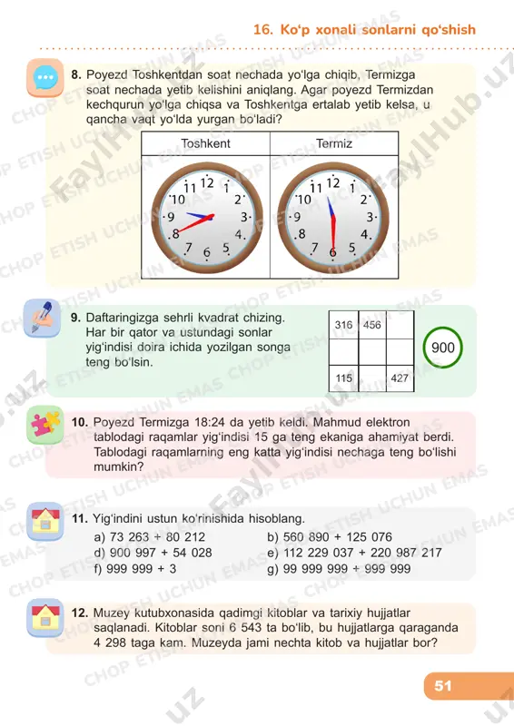 op etish uchun emas chop etish uchun emas chop etish uchun emas 52 yondosh mavzu: jizzax viloyati xona qo‘shiluvchilari yig‘indisi, sinflar va xonalar, harfiy ifodalar 1. archa oʻrmonlarini muhofaza qilish maqsadida tashkil etilgan qoʻriqxona qanday nomlanadi? amallarning bajarilish tartibiga ko‘ra so‘zni toping. 2835 + (1657 + 7860) + (845 – 39 ∙ 7) m 572 i 12 352 o 273 z 9 517 u 2 570 n 12 924 2. zomin bog‘ining daraxtsiz yerlari 7 327 gektarni, o‘rmonzorlari esa 9 456 gektarni tashkil etadi. zomin bog‘i necha gektarni egallaydi? 4. sonlarni xona qo‘shiluvchilari yig‘indisi ko‘rinishida yozing. 356 894 280 300 507 130 904 600 000 003 17. ko‘p xonali sonlarni qo‘shish 3. 10 000 m2 ga teng maydon bir gektar deb ataladi. 4 gektarda necha kvadrat metr bor? 7 gektarda-chi? 20 gektarda-chi? 1 ha = 10 000 m2 chop etish uchun emas chop etish uchun emas chop etish uchun emas …