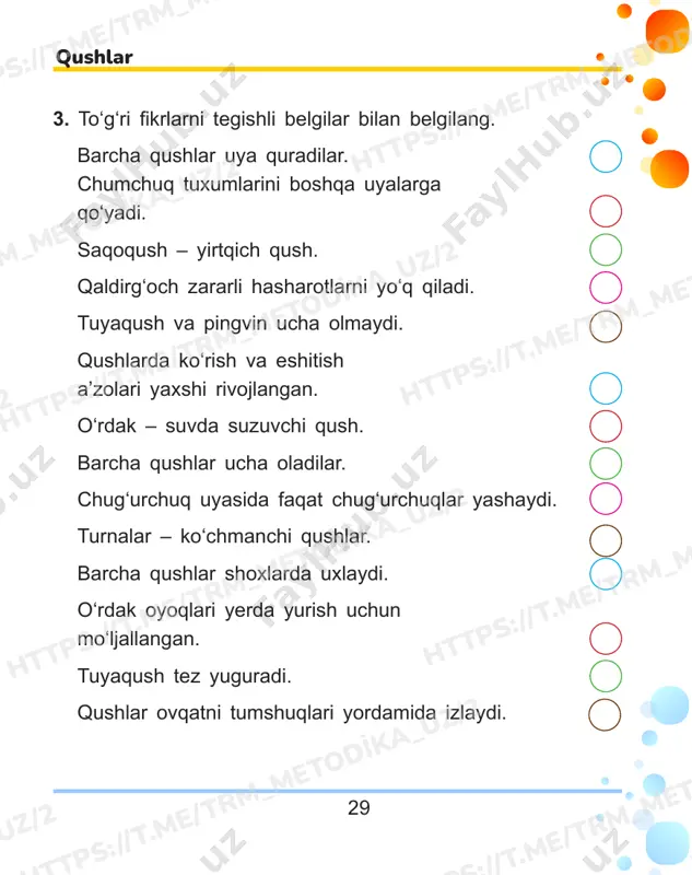 yana tekis yuzaga qo‘ying. aylantiring. htt ps:/ /t.m e/tr m_m eto dika _uz/ 2 htt ps:/ /t.m e/tr m_m eto dika _uz/ 2 htt ps:/ /t.m e/tr m_m eto dika _uz/ 2 htt ps:/ /t.m e/tr m_m eto dika _uz/ 2 htt ps:/ /t.m e/tr m_m eto dika _uz/ 2 htt ps:/ /t.m e/tr m_m eto dika _uz/ 2 htt ps:/ /t.m e/tr m_m eto dika _uz/ 2 htt ps:/ /t.m e/tr m_m eto dika _uz/ 2 htt ps:/ /t.m e/tr m_m eto dika _uz/ 2 htt ps:/ /t.m e/tr m_m eto dika _uz/ 2 htt ps:/ /t.m e/tr m_m eto dika _uz/ 2 htt ps:/ /t.m e/tr m_m eto dika _uz/ 2 33 sutemizuvchilar 1. sutemizuvchilarning asosiy belgilarini rangli qalamda aylana ichiga oling. bolalari sut bilan oziqlanadi bolalari tuxumdan paydo bo‘laditanasi jun bilan qoplangan tirik bola tug‘adi miyasi yaxshi rivojlangan issiq qonli sovuq qonli o‘pkasi va terisi yordamida nafas …